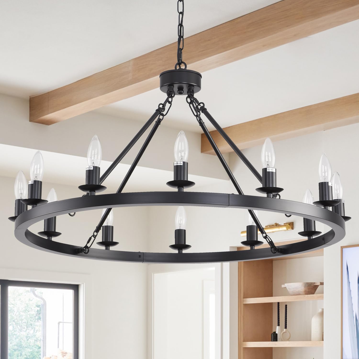 32 inch Black Wagon Wheel Chandelier, 12-Light Farmhouse Round Wheel Chandeliers High Ceilings Hanging Light Fixture Outdoor Chandelier for Porch, Foyer, Dining Room, Living Room
