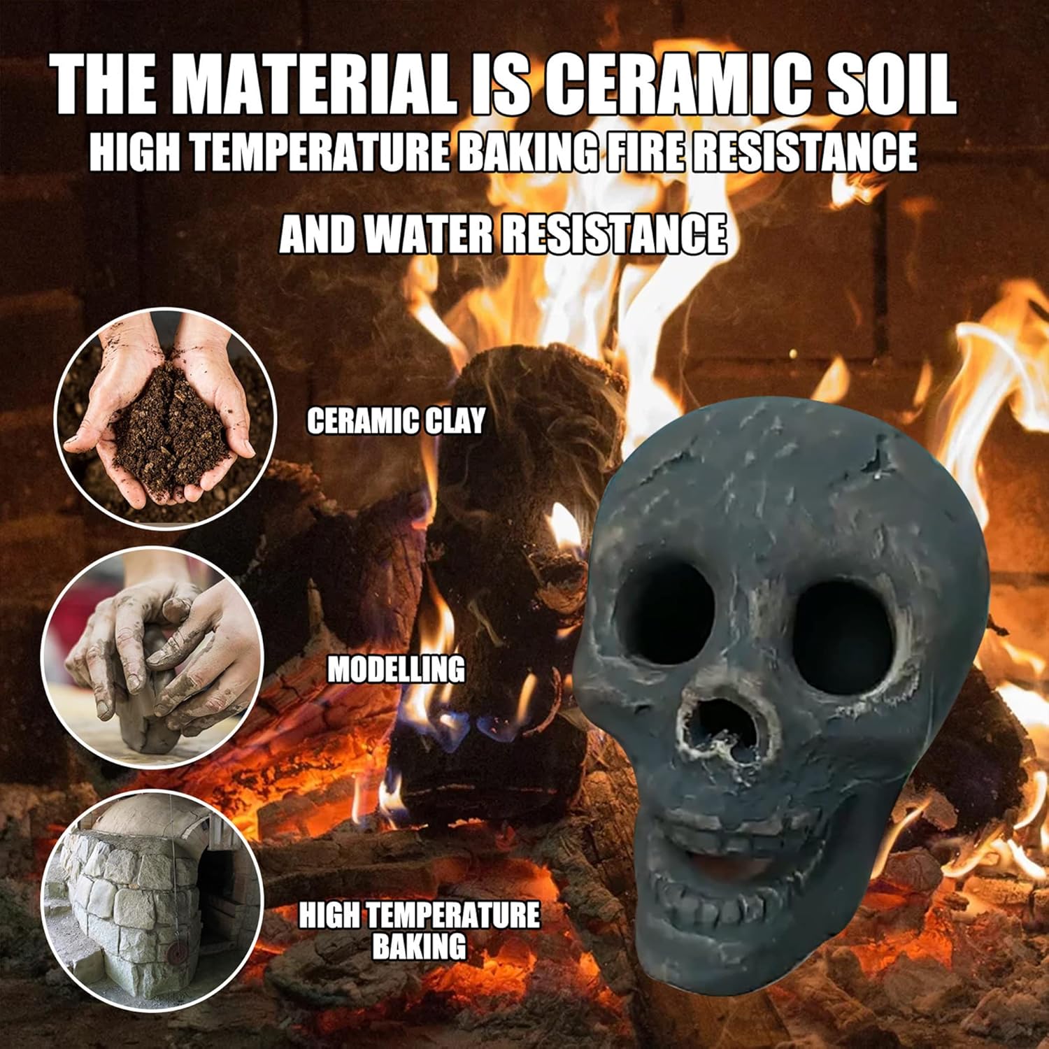 Ceramic Human Skull Fire Pit Gas Log Fire Log Skull Charcoal Decor for Outdoor Fireplace and Fire Pit, Indoor or Outdoor Fireplaces, Bonfire, Halloween Decor (Fireproof)(Refractory) (8)