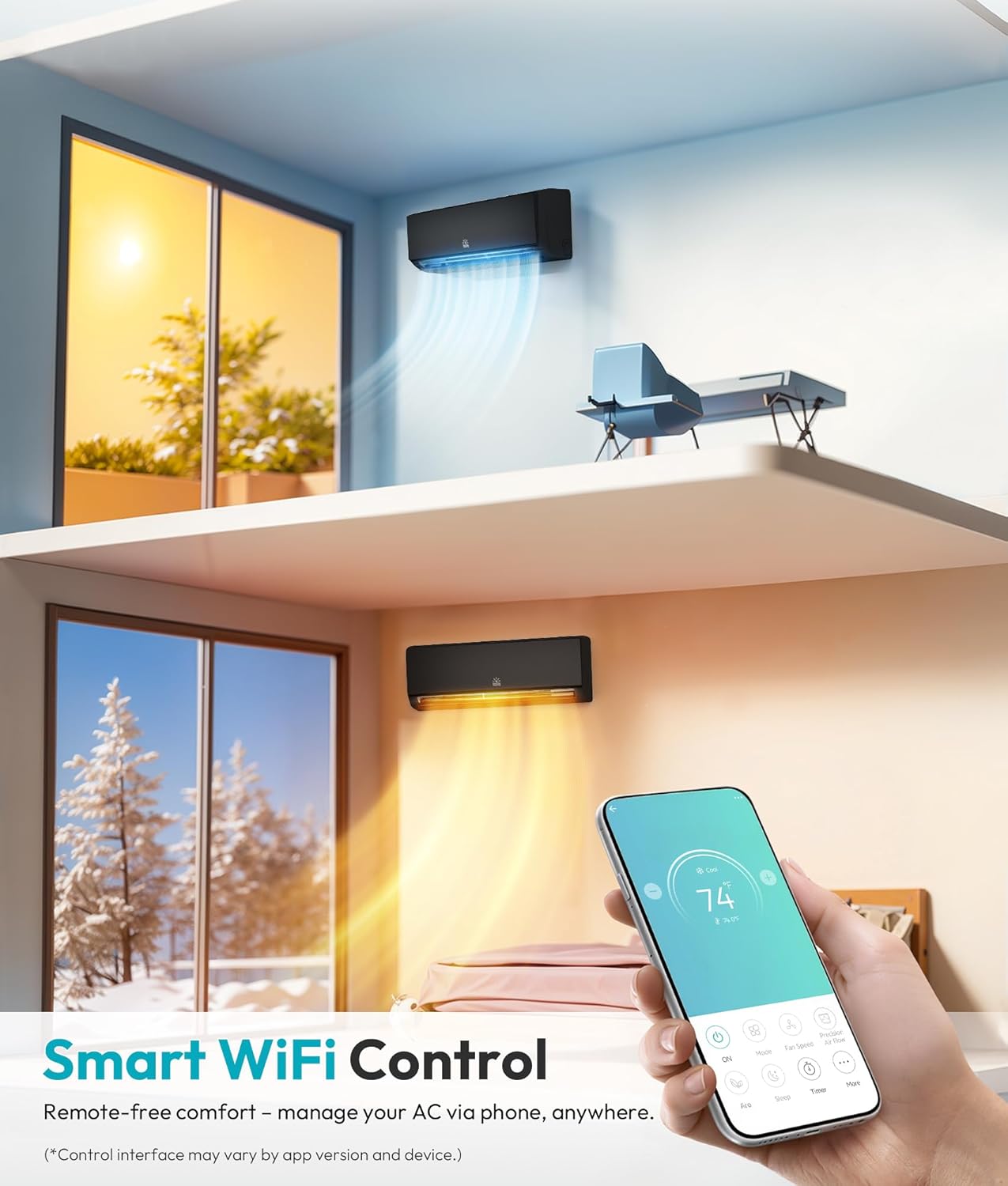 12000 BTU Wifi Mini Split AC/Heating System with Inverter, 20 SEER2 Cools Up to 750 Sq.Ft Energy Saving 115V Ductless Split Air Conditioner Unit with Heat Pump & Installation Kit, Black