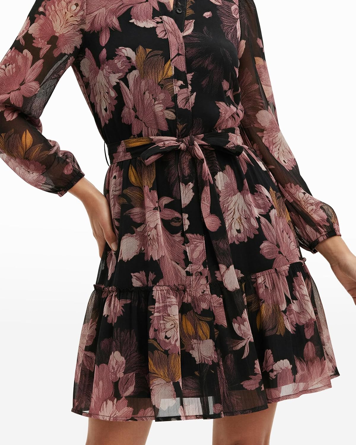 Anne Klein Womens Long Sleeve Tiered Printed Shirt Dress