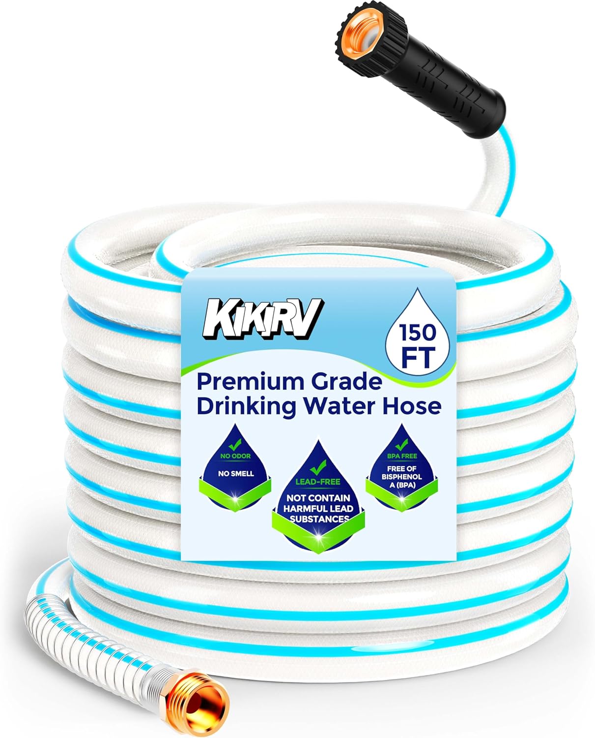 150ft RV Water Hose - Drinking Water Hose Contains No Lead, No BPA - Flexible Leak-Free Design - Upgrade Strain Relief Ends - 5/8