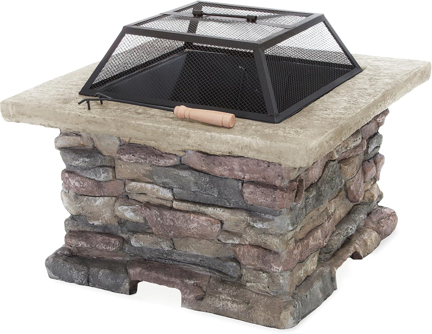 28 Inch Outdoor Wood Burning Fire Pit with Lid Natural Stone Base Heat Resistant Iron Bowl Elegant Design Complete Set Includes Mesh Cover and Poker Tool No Assembly Required for Backyard Patio Use