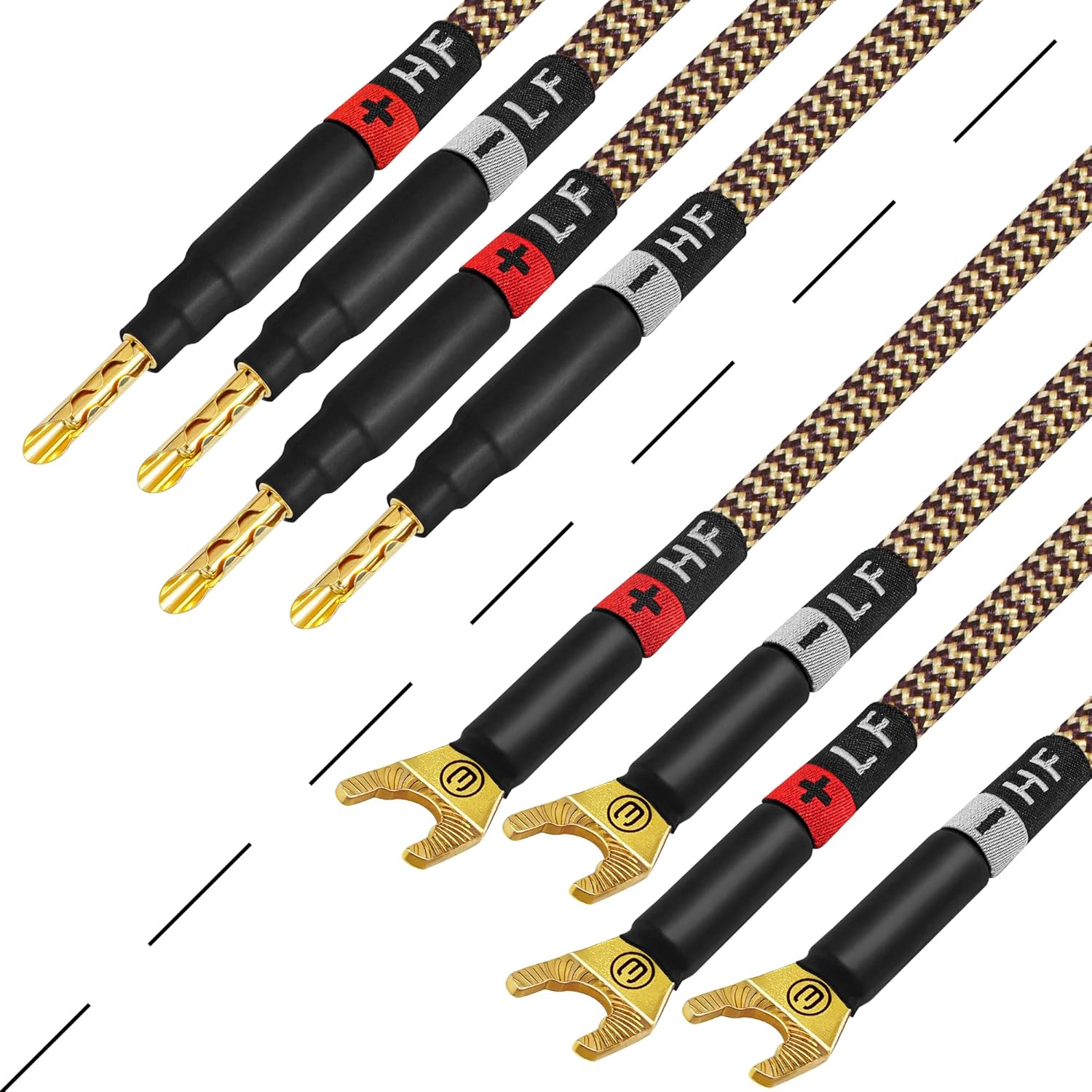 WORLDS BEST CABLES 12 Foot Ultimate - 12 AWG - Ultra-Pure OFC - Premium Audiophile HiFi Bi-Amp Speaker Cable Pair with Eminence Gold Banana (x4) & Spade (x4) Plugs & TnBrwn Tweed Jacket