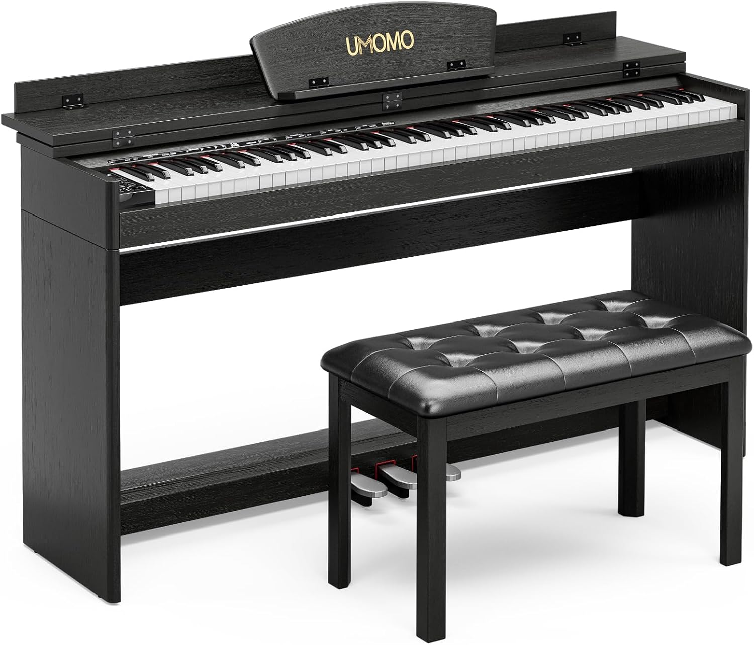 UMOMO 88 Key Full Size Digital Piano Electric Keyboard with Piano Bench, Music Stand+Power Adapter+3-Pedal Board+Instruction Book+Headphone Jack for Beginner/Adults, Black