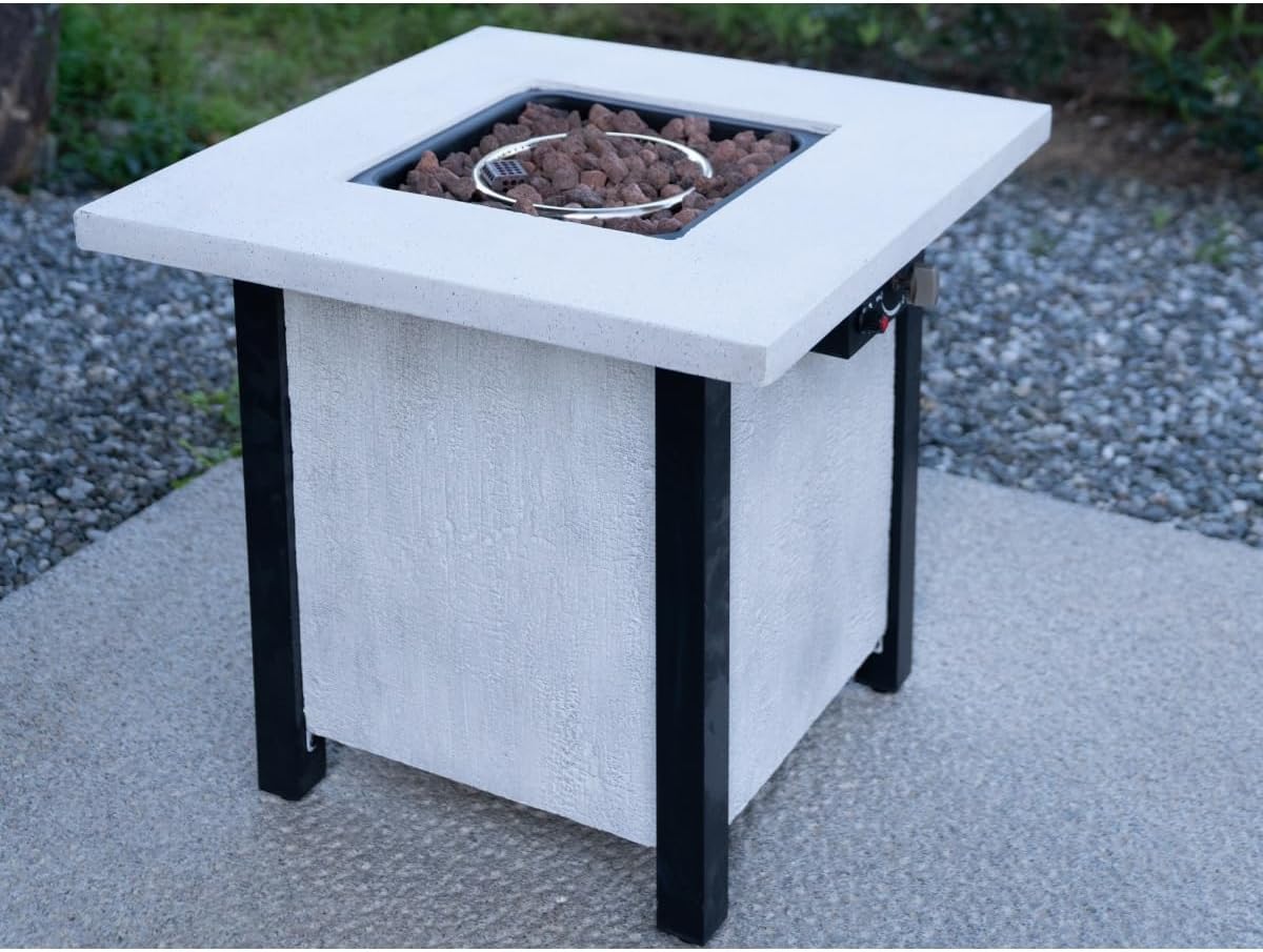 28-inch Square Propane Fire Pit Table, 50,000 BTU Outdoor Patio Heater with Realistic Charcoal Texture & Cover, Creamy White CSA Certified Gas Fire Pit for Garden