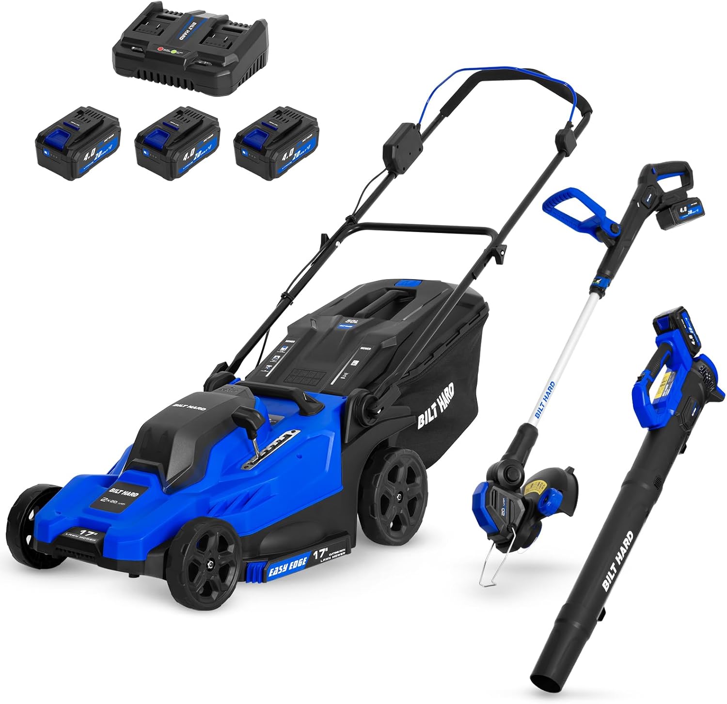 BILT HARD 17'' 40V Cordless Push Lawn Mower, 12'' String Trimmer and Leaf Blower Combo Set, Electric Lawn Mower Set with 3 x 4.0Ah Batteries and Dual Charger