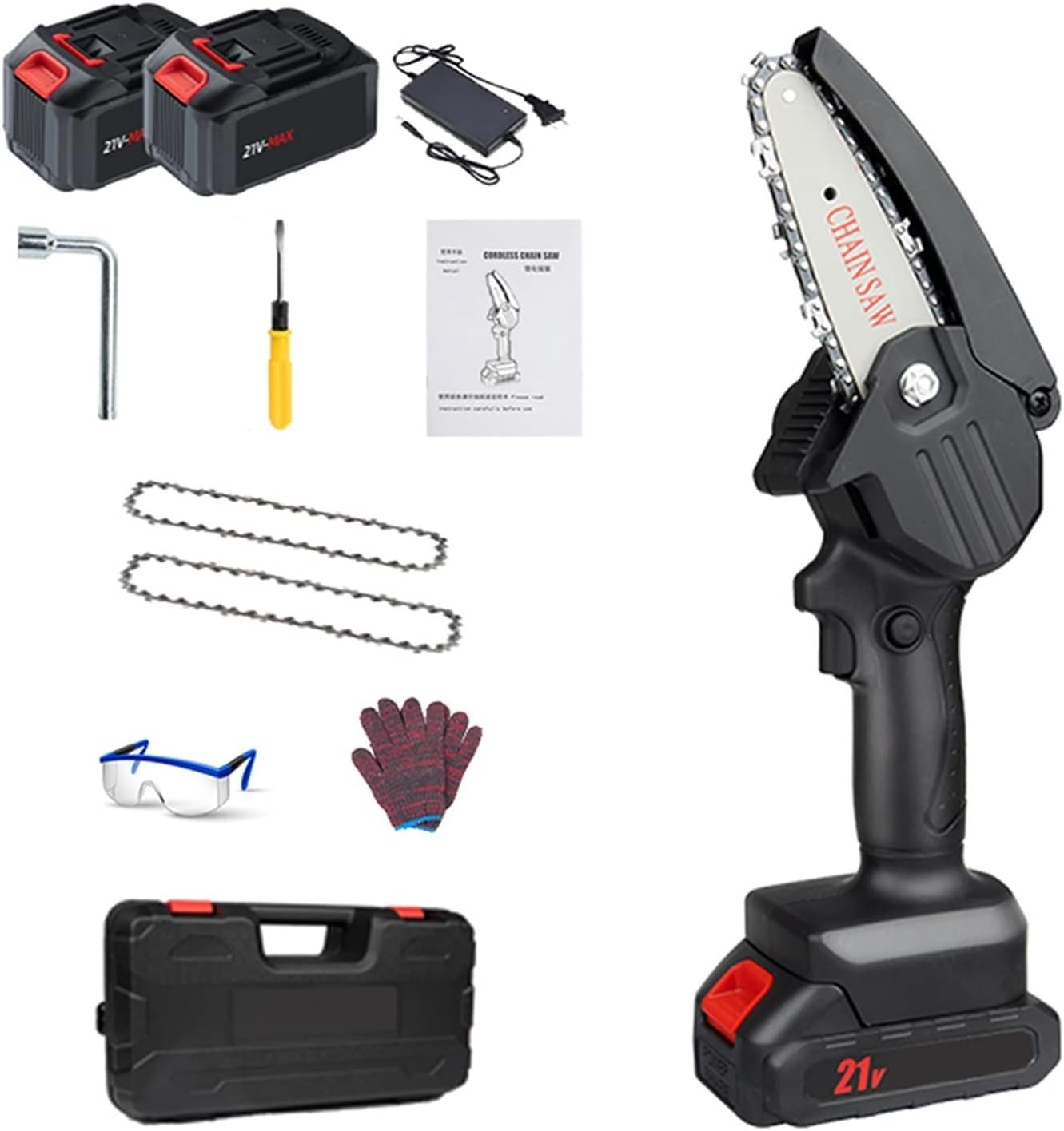 4 Inch Hand Portable Mini Chainsaw with 4500mAH Rechargeable Battery, Cordless Battery Powered Chain Saw，Electric Cordless Chainsaw with Security Lock,For Yard Branch Trimming(2 Battery，2Pcs Chains)