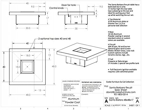 COOKE Santa Barbara 40 x 40 Square Fire Pit Table - Beige Powdercoat Aluminum Top - Natural Gas (Dark Cherry Powdercoat Base)
