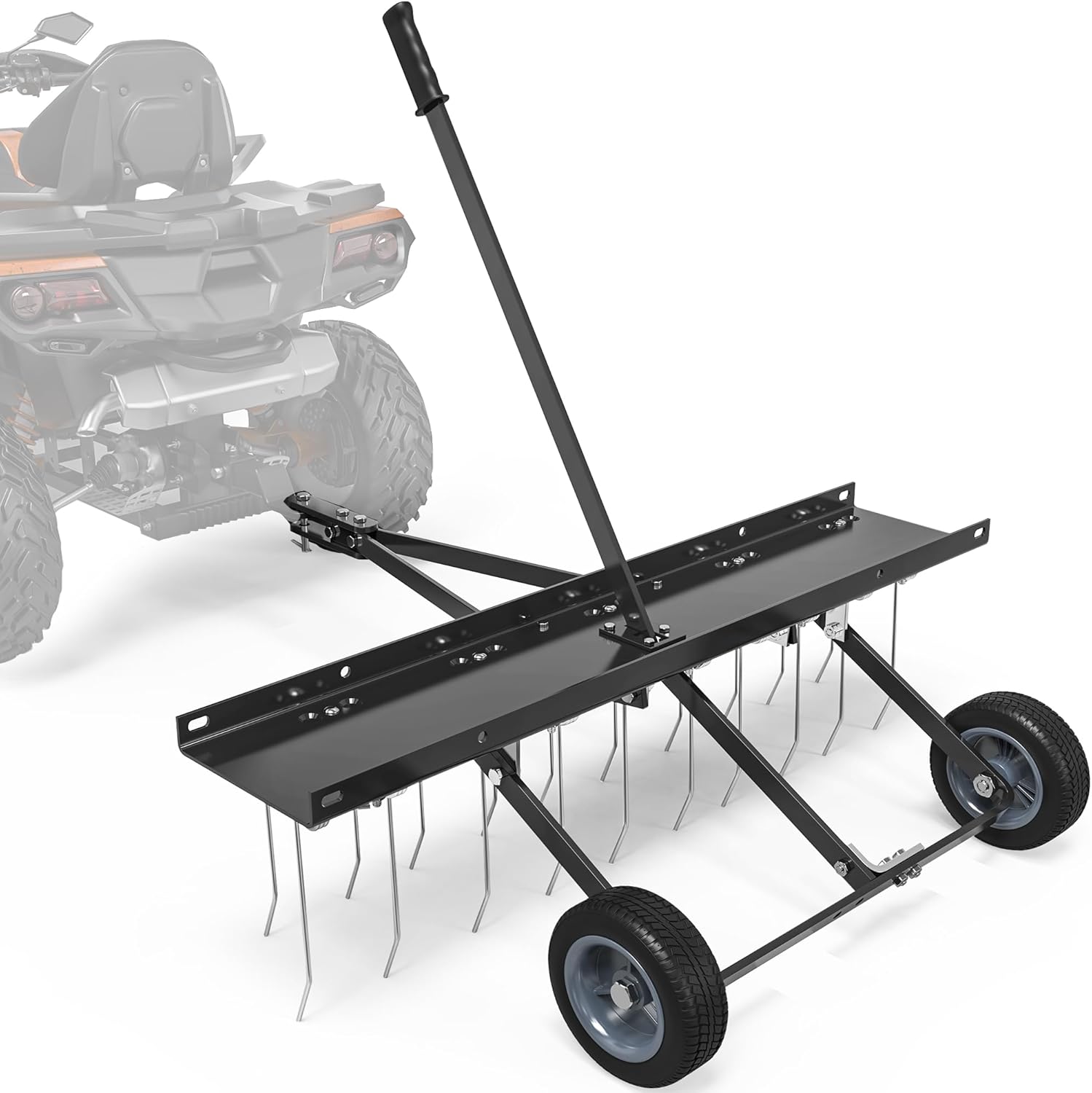 YINTATECH 40 in Tow Behind Dethatcher, 20 Spring Steel Tines Lawn dethatcher Rake for ATV UTV Lawn Mower, Features Flexible Lift Handle, Black