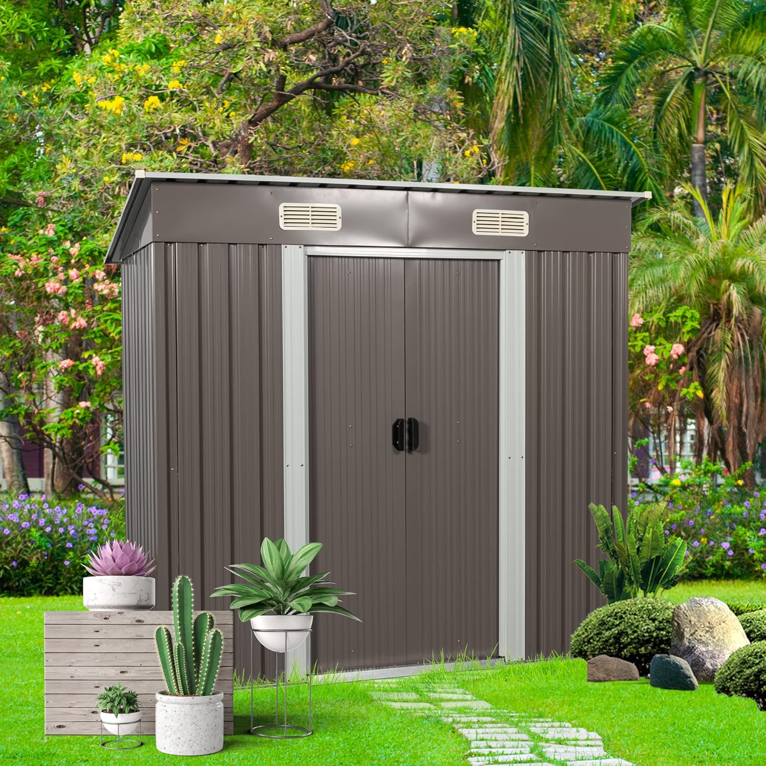 Garden Shed with Air Vent and Sloped Roof,Outdoor Tool Storage Shed,Weather-Resistant Metal Outdoor Storage Shed for Garden,Patio,Yard,Grey