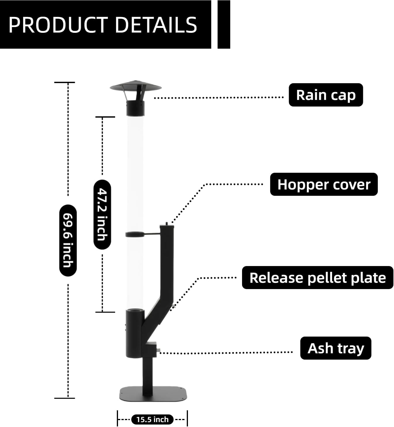 Wood Pellet Patio Heater with Spiral Swirling Flame Glass Tube, Anti-Tip Steel Base, Outdoor Fire Pit for Patio Garden Backyard, Stylish Design for Outdoor Heating & Ambiance (Black, Large)