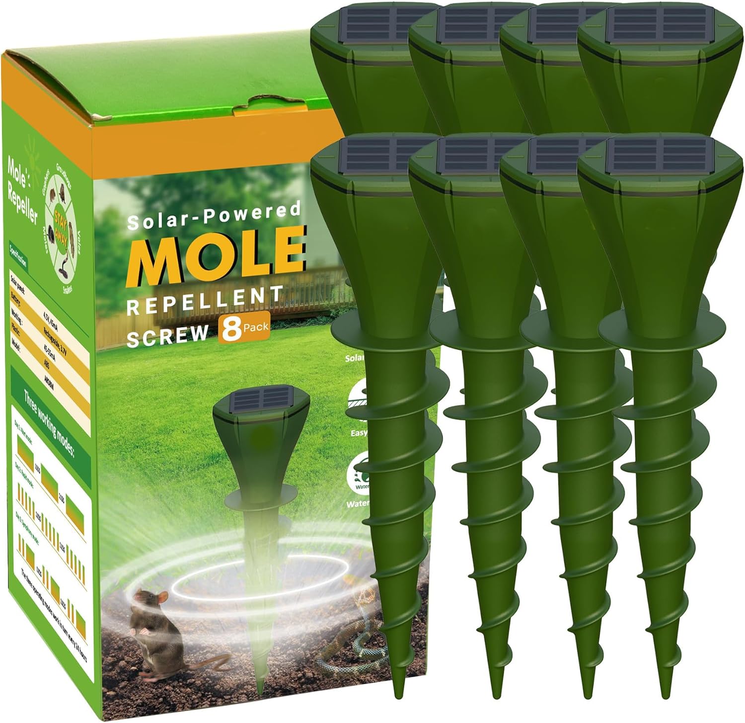 8 Packs Solar Powered Mole Repellent for Lawns, Waterproof Gopher Vole Repellent Ultrasonic Pest Control Outdoor Get Rid of Snake Voles Ground Squirrels in Garden, Yard, Lawn