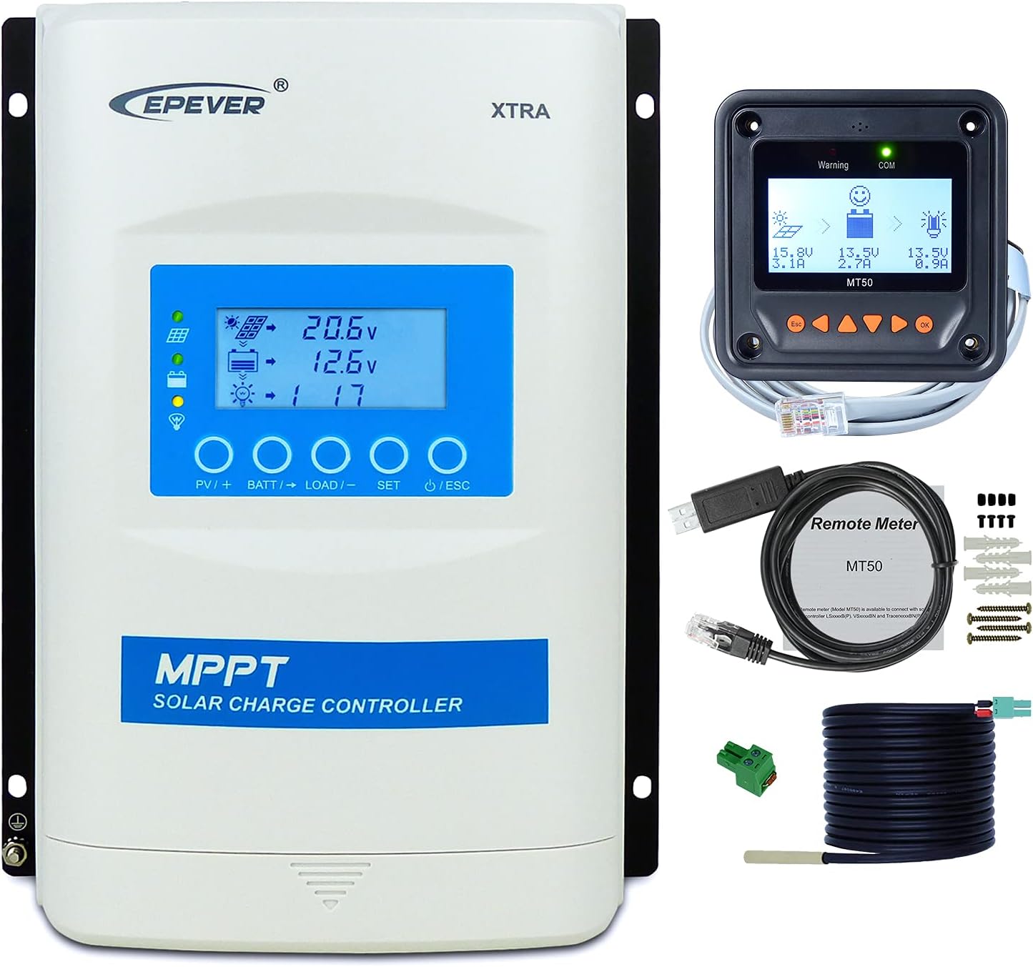 EPEVER MPPT Charge Controller 40A 12/24/36/48V Auto, Max PV 150V XTRA4415N + MT50 + RTS + RS485 Cable for Solar Panel Charge Regulator fit for Lead-Acid & Lithium Types (MPPT 40A 12/24/36/48V Kit)