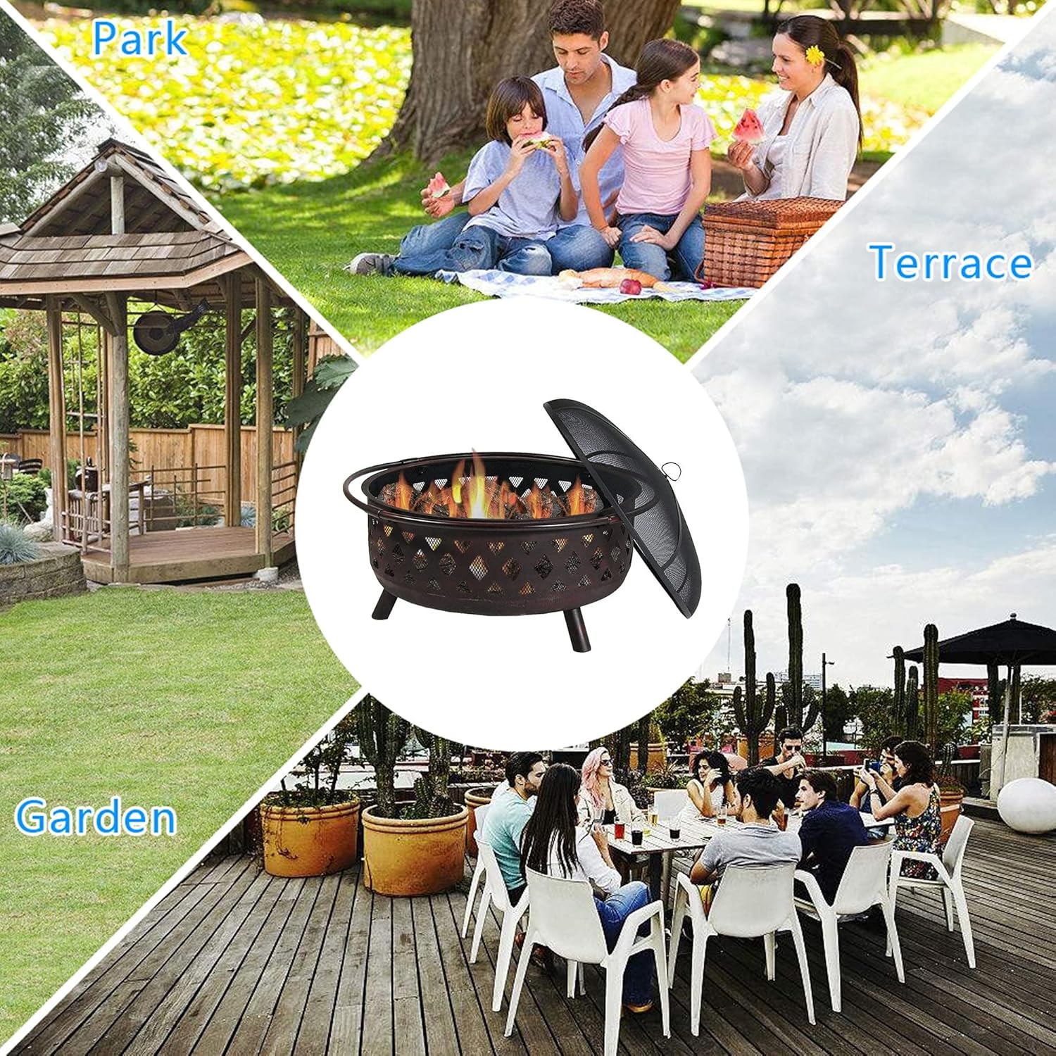 Outdoor Fire Pits, Round Steel Fire Bowl w/Grate Grill, Cover, Stove Ring, Portable Heating Basin, Garden Patio Heater, Camping BBQ Fire Pit