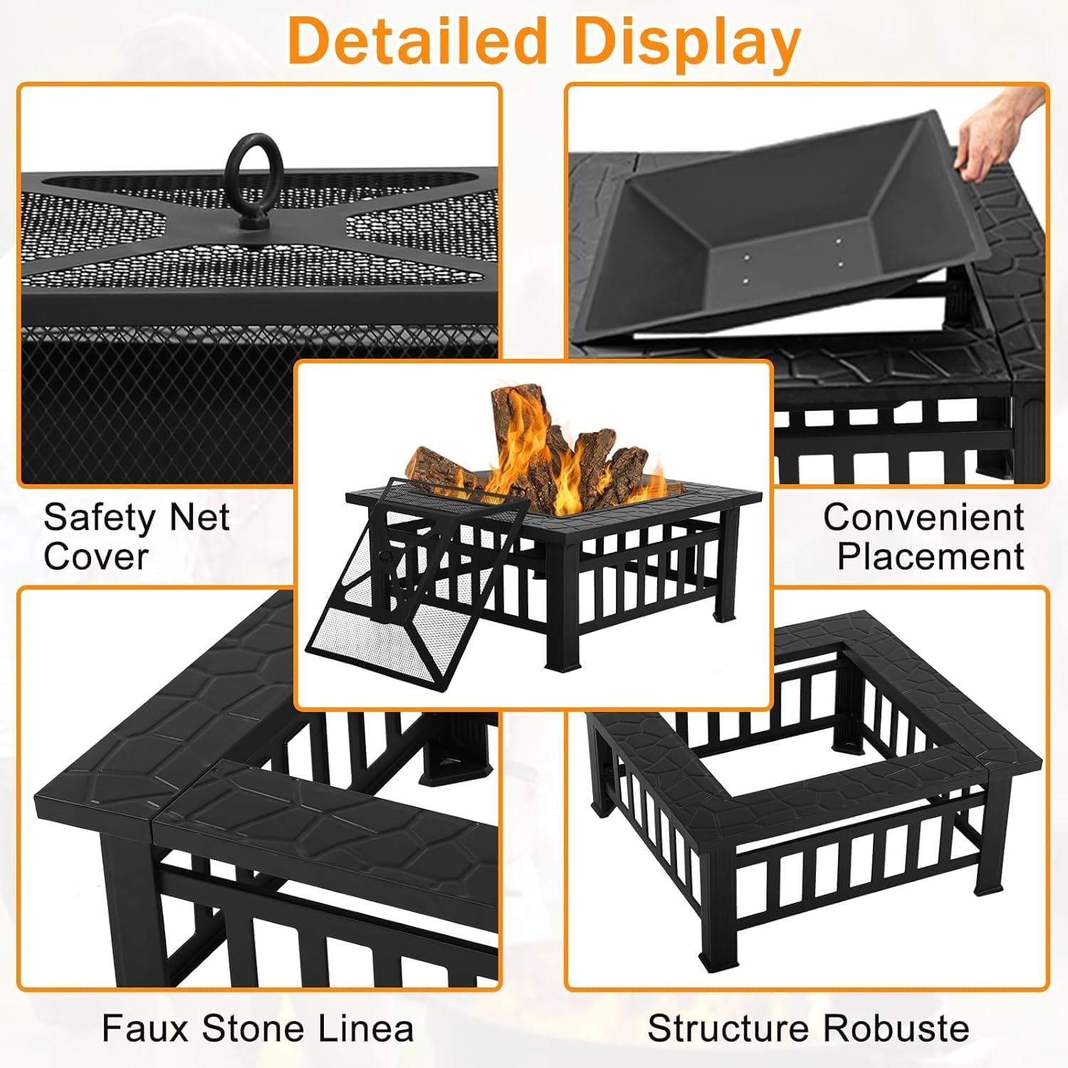 Bigacc Outdoor Fire Pit Wood 32in Square Metal BBQ Firepit Stove for Backyard Patio Garden Screen Bonfire Fire Pit with Outside Fireplaces Camping and Poker, Black