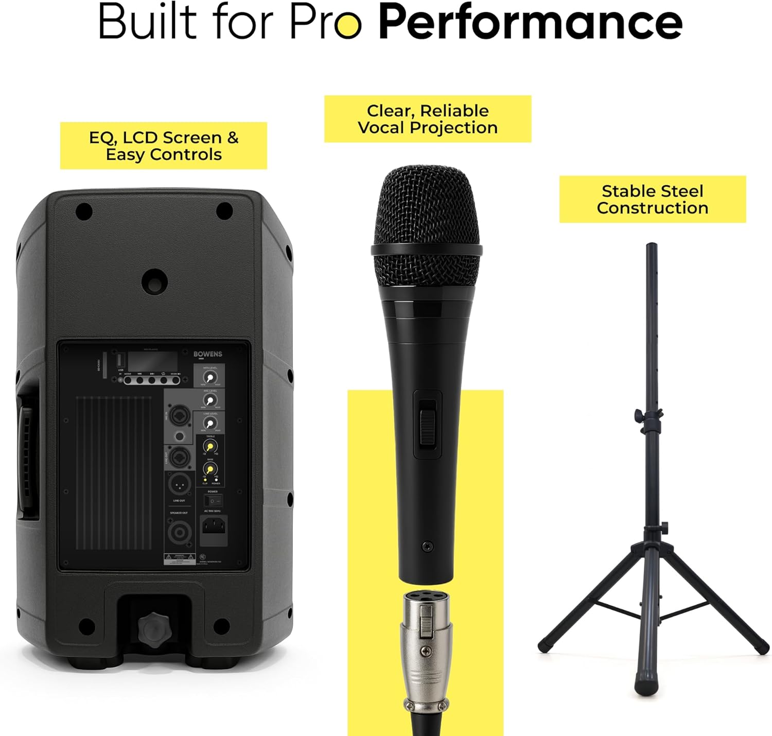 BOWENS 10 Inch 1000W PA System with Microphone – Portable DJ Speakers with Bluetooth, USB/SD, LCD Display & Remote Control – Pro PA Speaker System, 150W RMS Big Speaker for Parties & Events