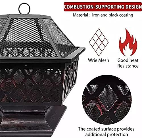 Outdoor Fire Pits 24Inch, Hex Shaped Fire Bowl Hexagon Fire Pit Iron Brazier Wood Burning Coal Pit with Spark Screen Cover for Backyard Garden Patio Bonfire Heating and BBQ