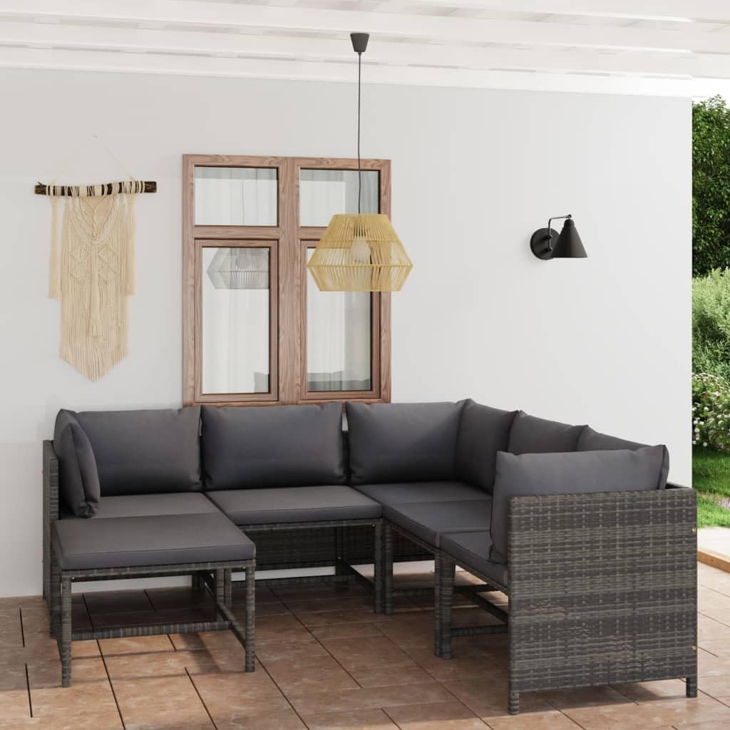 6 Piece Patio Lounge Set with Cushions Poly Rattan Gray,Premium Outdoor Patio Lounge Set with Comfortable Cushions and Modular Design Patio Furniture Sets, Outdoor Furniture Sets