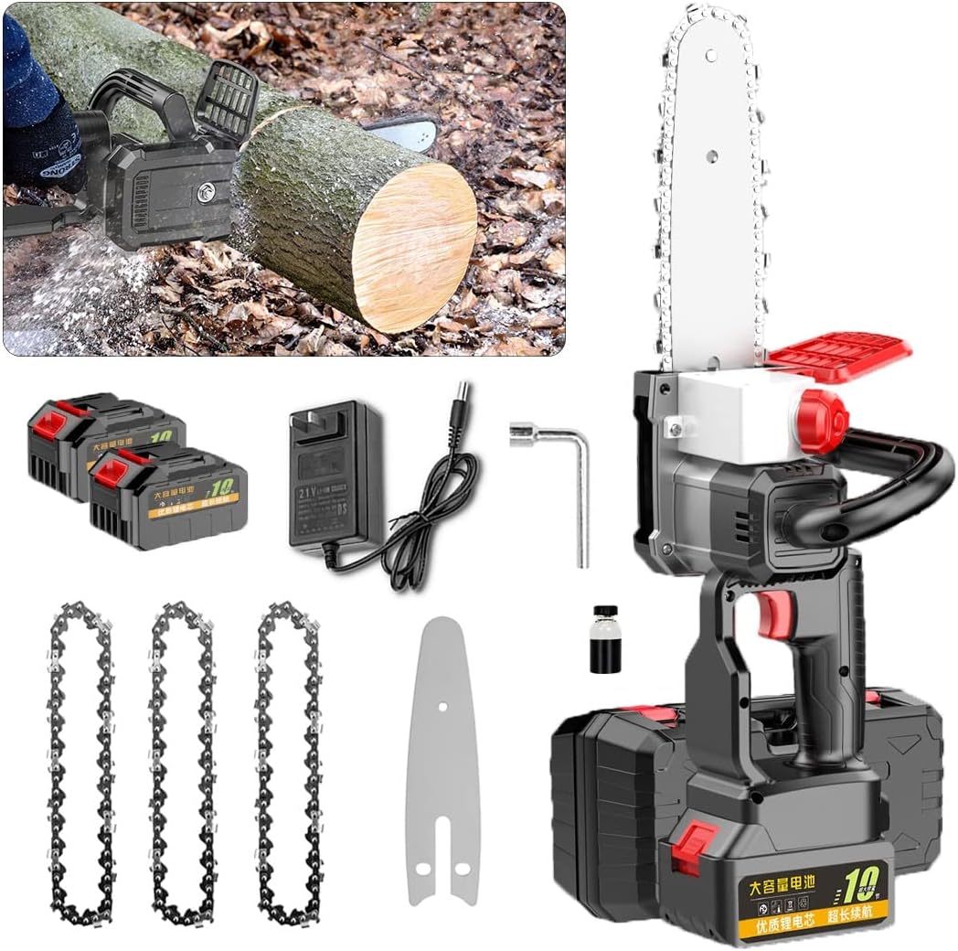 10 Inch Cordless Battery Powered Chain Saw,Mini Chainsaw,Mini Saw Cordless,Lightweight Handheld Chainsaw, Small Chainsaw for Wood Cutting Tree Trimming (Battery *1 : 2Battery), multi-colored