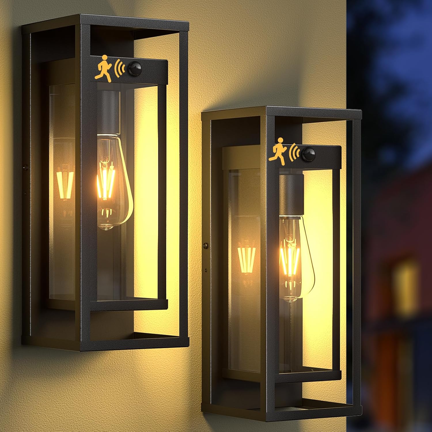 Motion Sensor Outdoor Wall Light 2Pack-15in Modern Dusk to Dawn Porch Sconce Wall Mounted Waterproof Exterior Lighting Fixture E26 Black Lantern for Outside House Garage Entryway