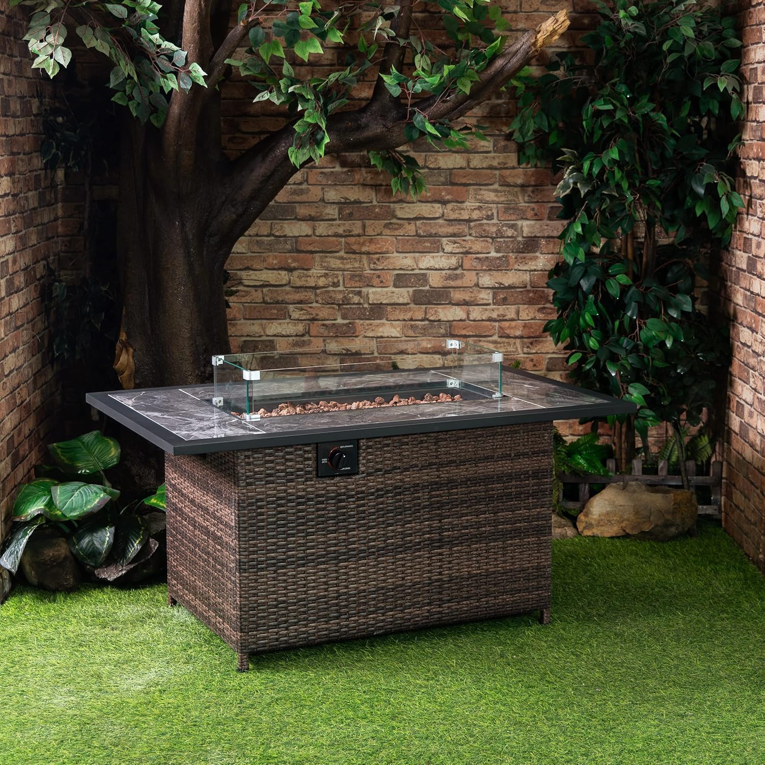 Propane Gas Outdoor Fire Pits Table with Tile Tabletop and Tempered Glass Around, 52 Inch Rectangular 50,000 BTU Auto-Ignition Wicker Base Fire Pit Table for Patio Garden Deck Backyard