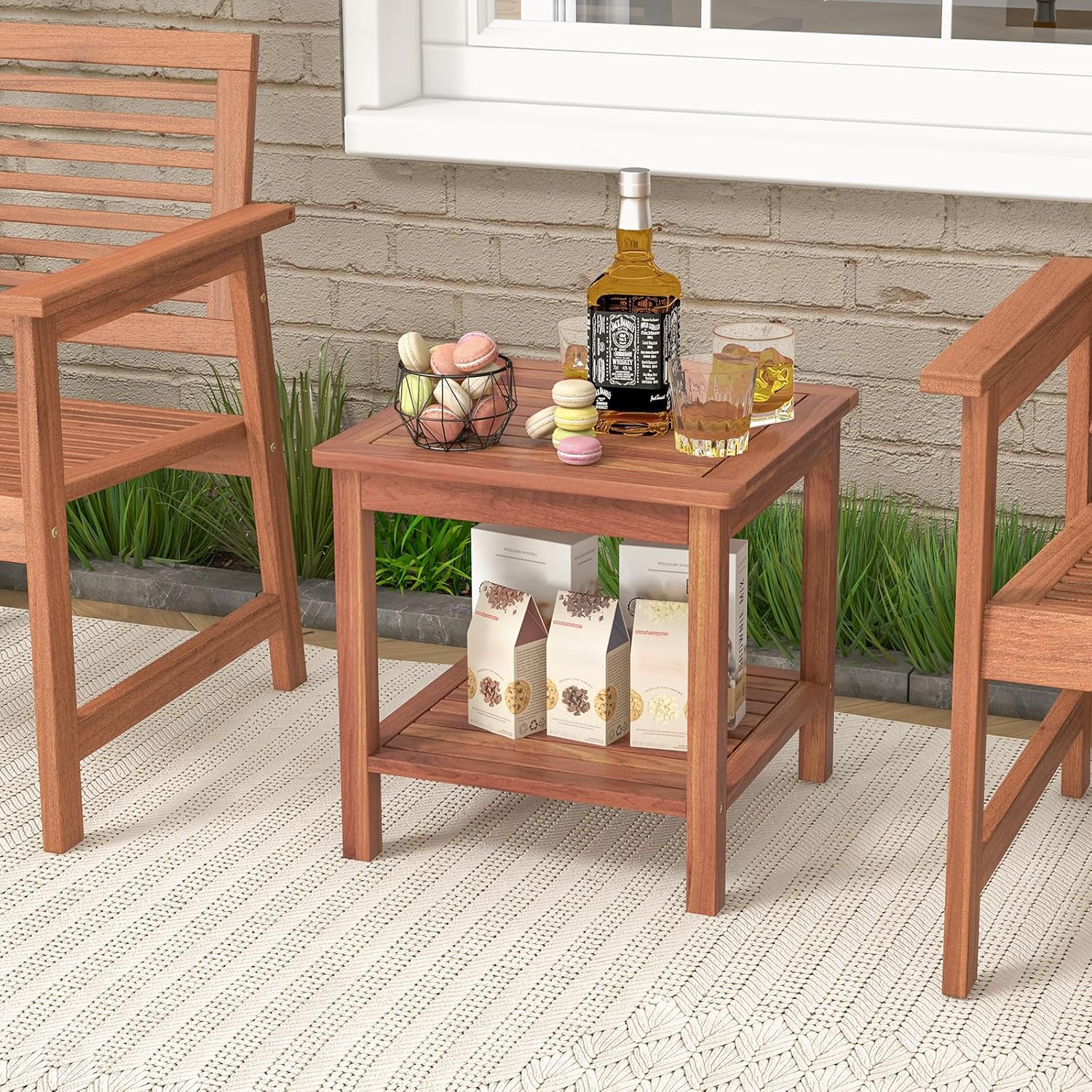 RELAX4LIFE Adirondack Outdoor Side Table - 2-Tier Acacia Wood Square End Tables w/Slatted Tabletop & Shelf for Garden Porch Pool, Indoor Outdoor Companion, Wooden Small Patio Table (2, Natural)