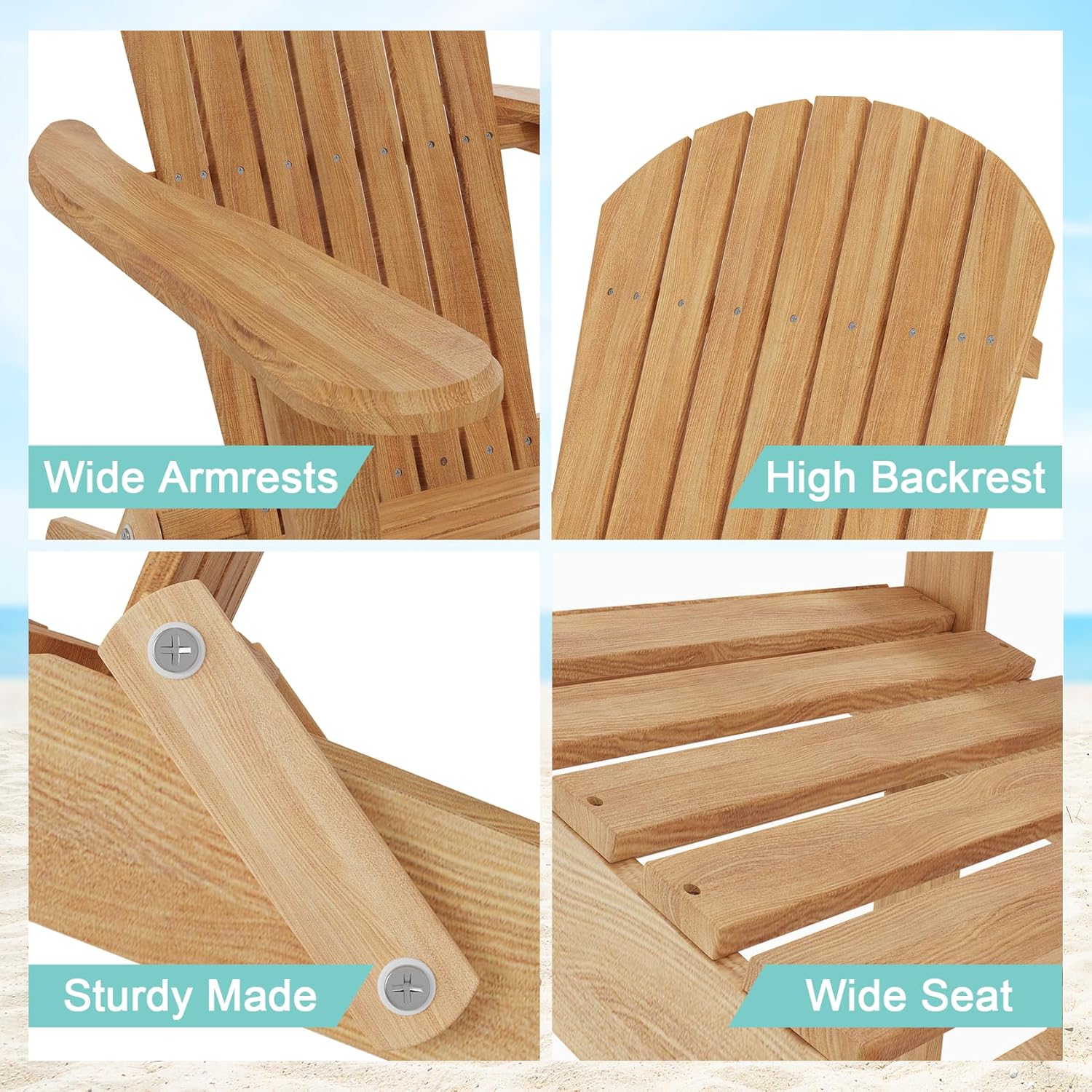 Adirondack Chairs Set of 2, Folding Wooden Adirondack Chair, Fire Pit Chairs, Outdoor Lounge Furniture for Yard, Garden, Patio (Natural)