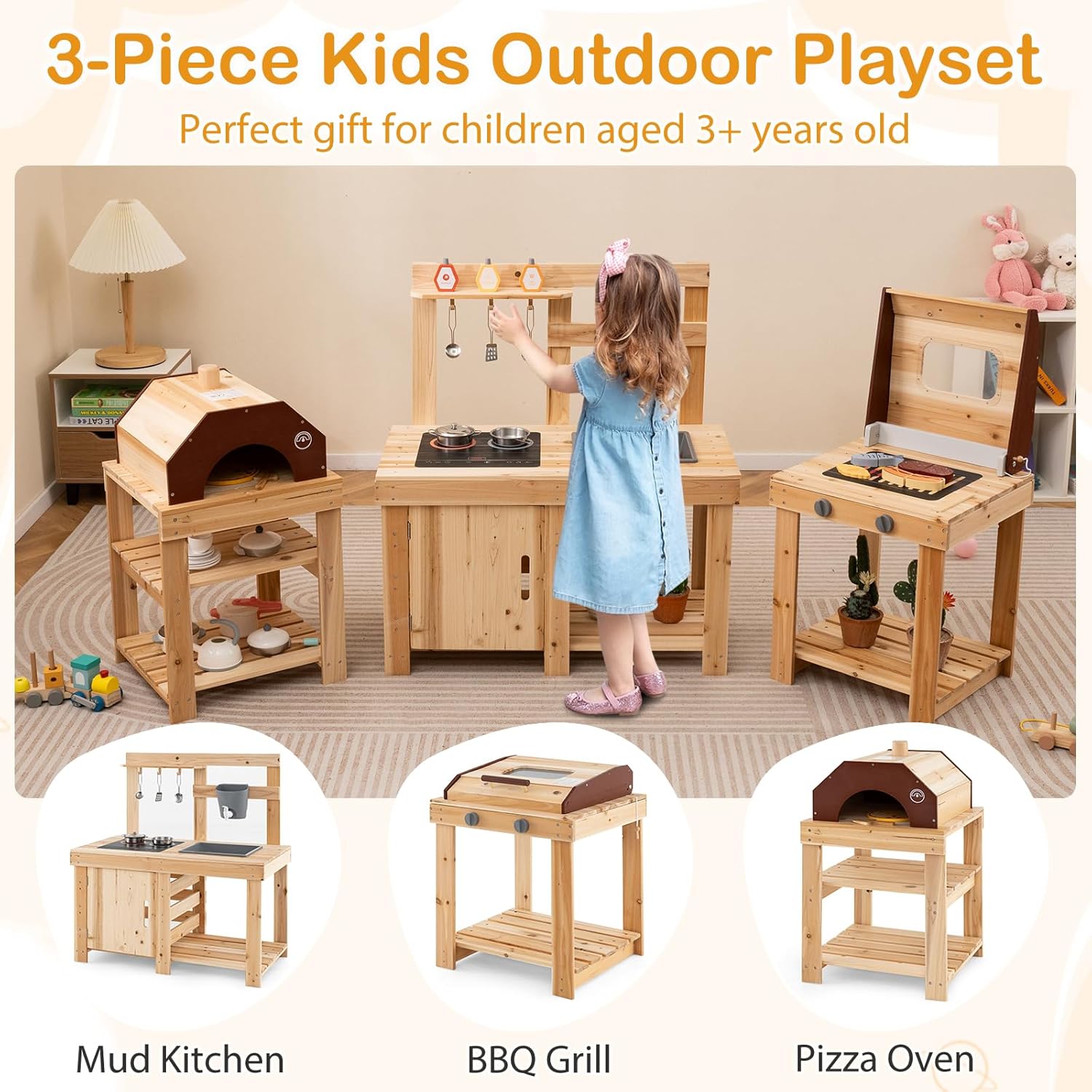 Costzon 3-Piece Mud Kitchen, Fir Wooden Play Kitchen & BBQ Grill Playset & Pizza Oven, 14 Toy Food & Cooking Accessories, Sink, Stoves, Outdoor Mud Table for Kids 3+ Years