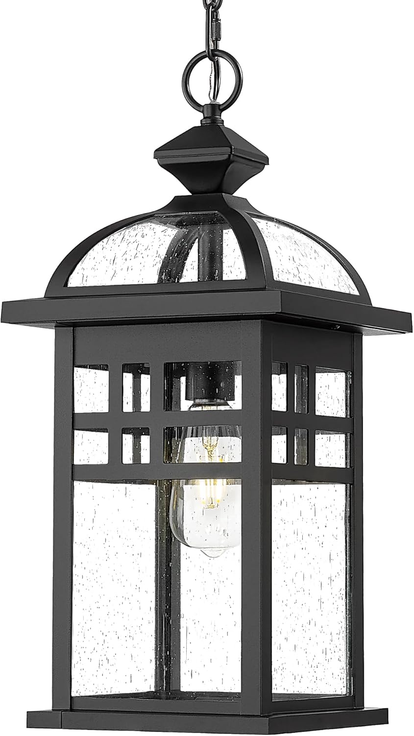 Emliviar 20 Inch Outdoor Pendant Light for Porch, Outdoor Chandelier for Porch, Die-Cast Aluminum with Seeded Glass, Black Finish, DE281H-M BK