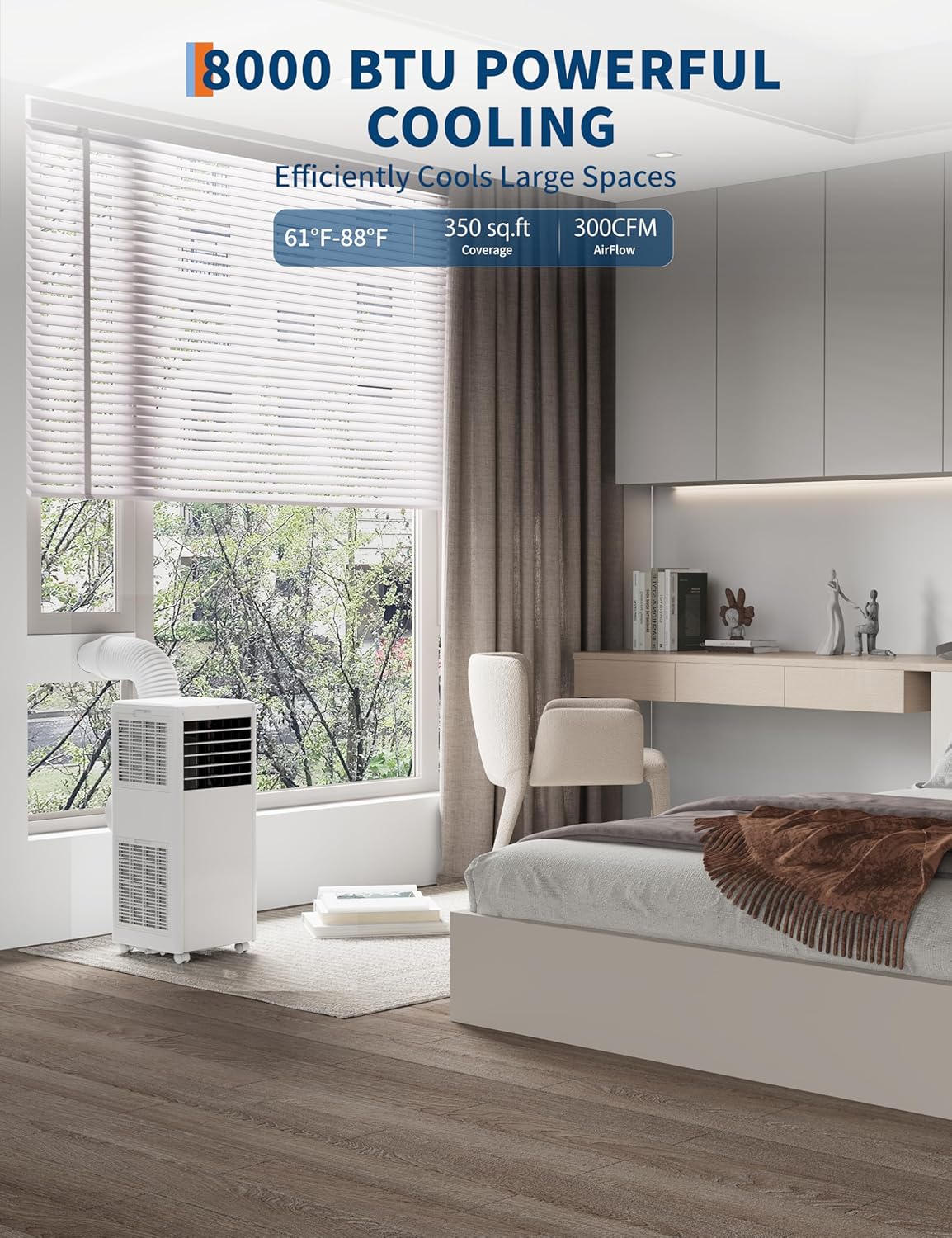 8000 BTU Portable Air Conditioner, Room Air Conditioner with Cooling, Dehumidifier, Fan, Portable AC Units for Room Cooling Up to 350sq.Ft, Remote Control, Sleep Mode, White Cover