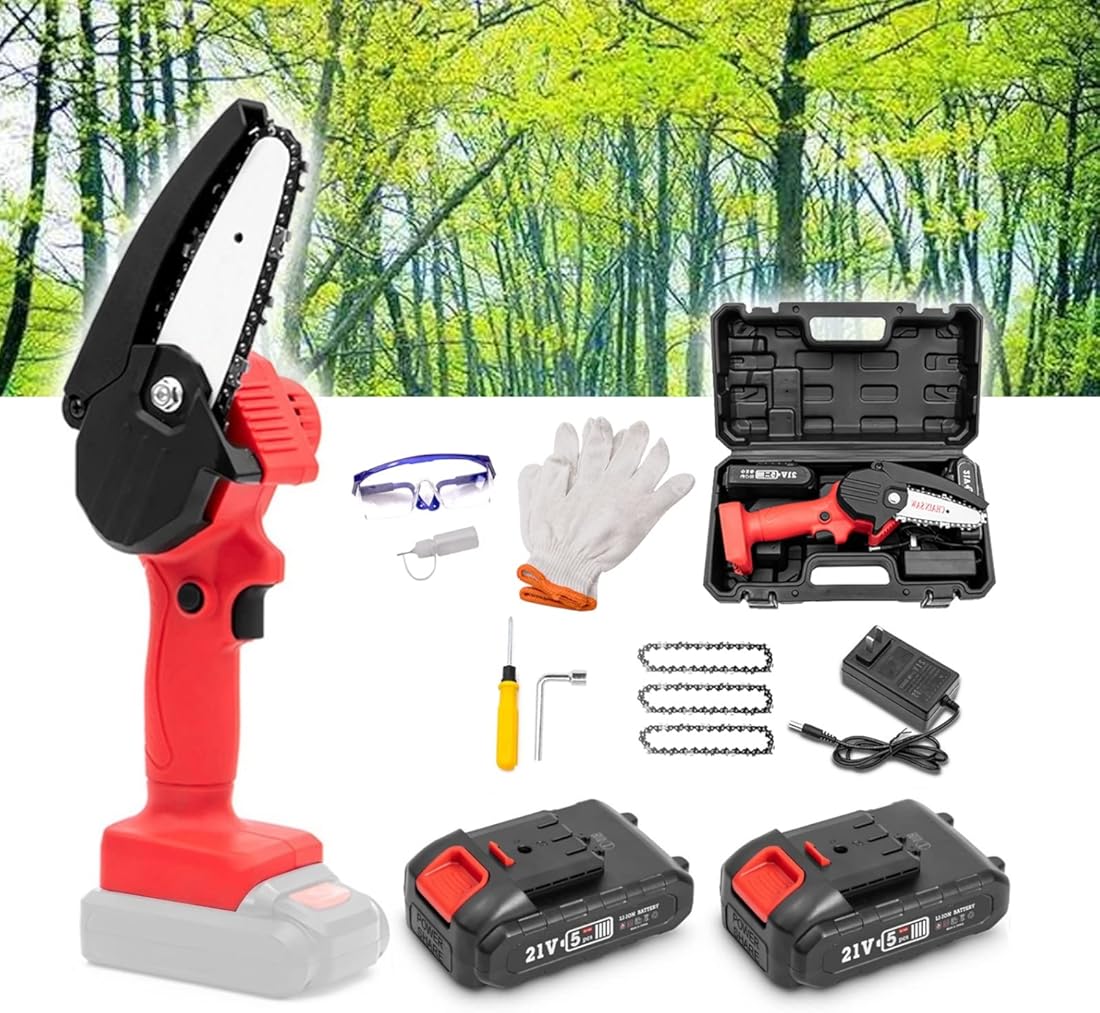 Mini Chainsaw, 4-Inch Cordless Portable Handheld Electric Saw, Wood Cutting Pruning Logging, Small One-Handed for Garden Courtyard Tree, 2PC Battery Powered (Color : Red)