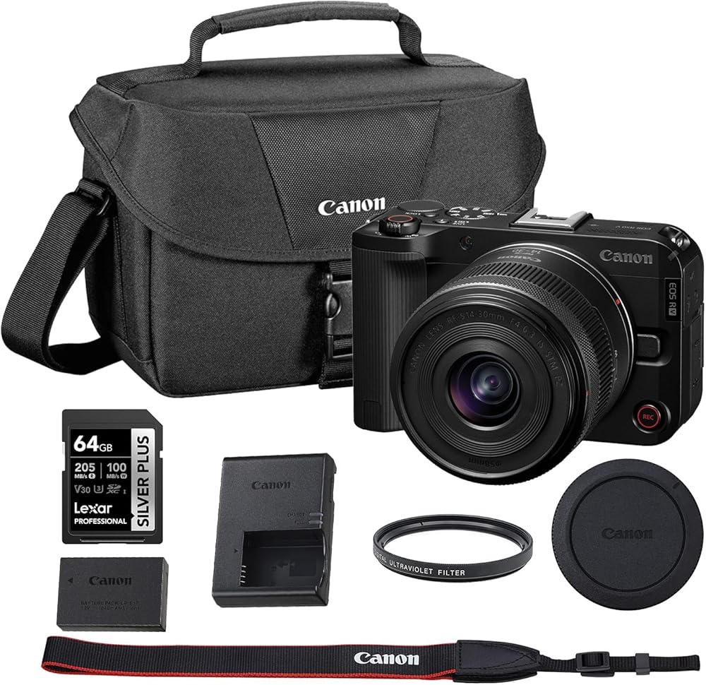 Canon EOS R50 V APS-C Mirrorless Interchangeable Lens Hybrid Camera with RF-S 14-30mm f/4-6.3 is STM PZ Lens Bundle and 64GB Memory Card + UV Filter + Camera Bag (5 Items)