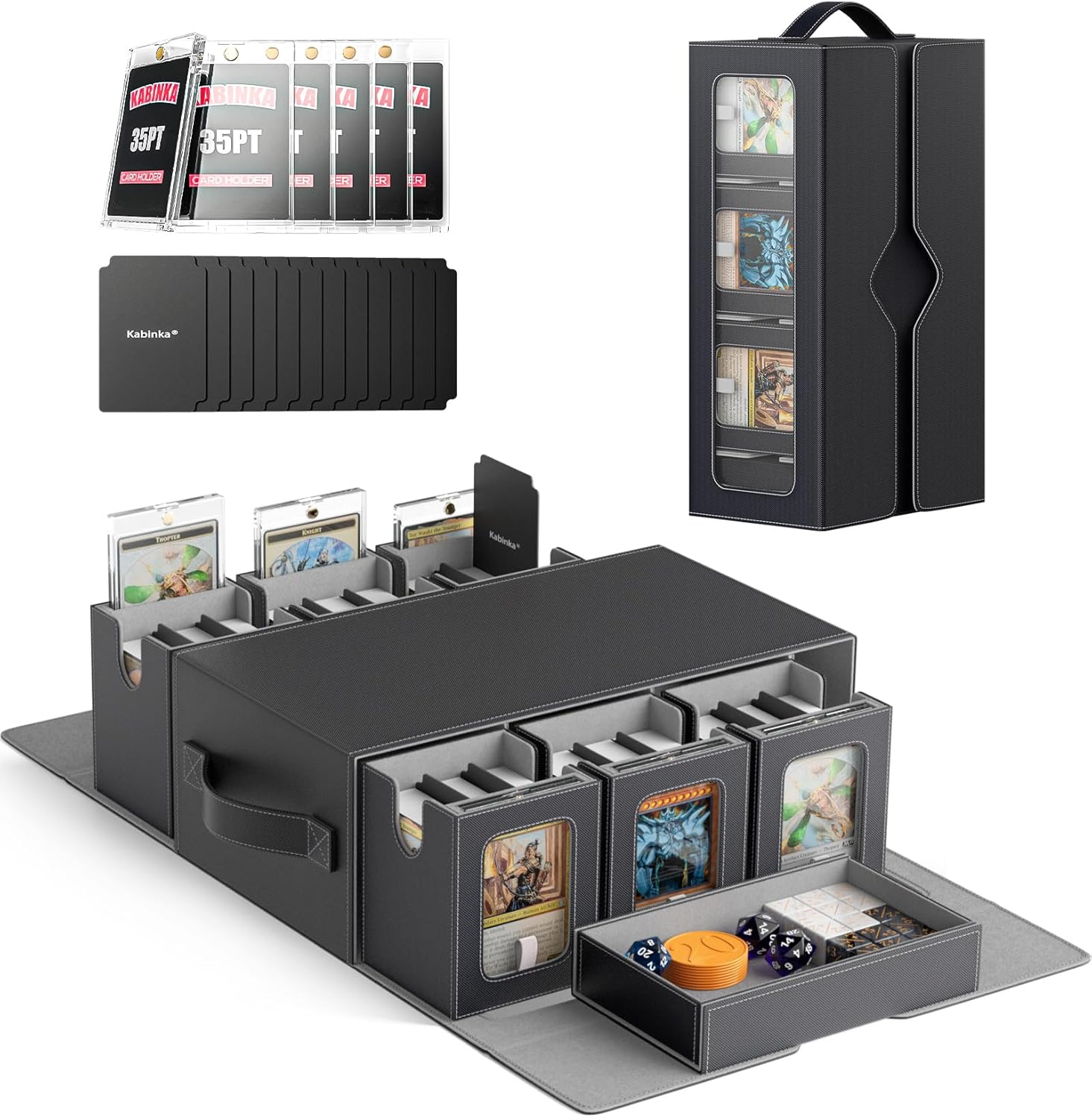 Kabinka MTG Commander Deck Box, 6-Deck Modular Card Case with 100 PCS Card Sleeves, Dice Tray - Holds 600+ Double-Sleeved Cards, 35PT Magnetic Holders for TCG/EDH (Black)