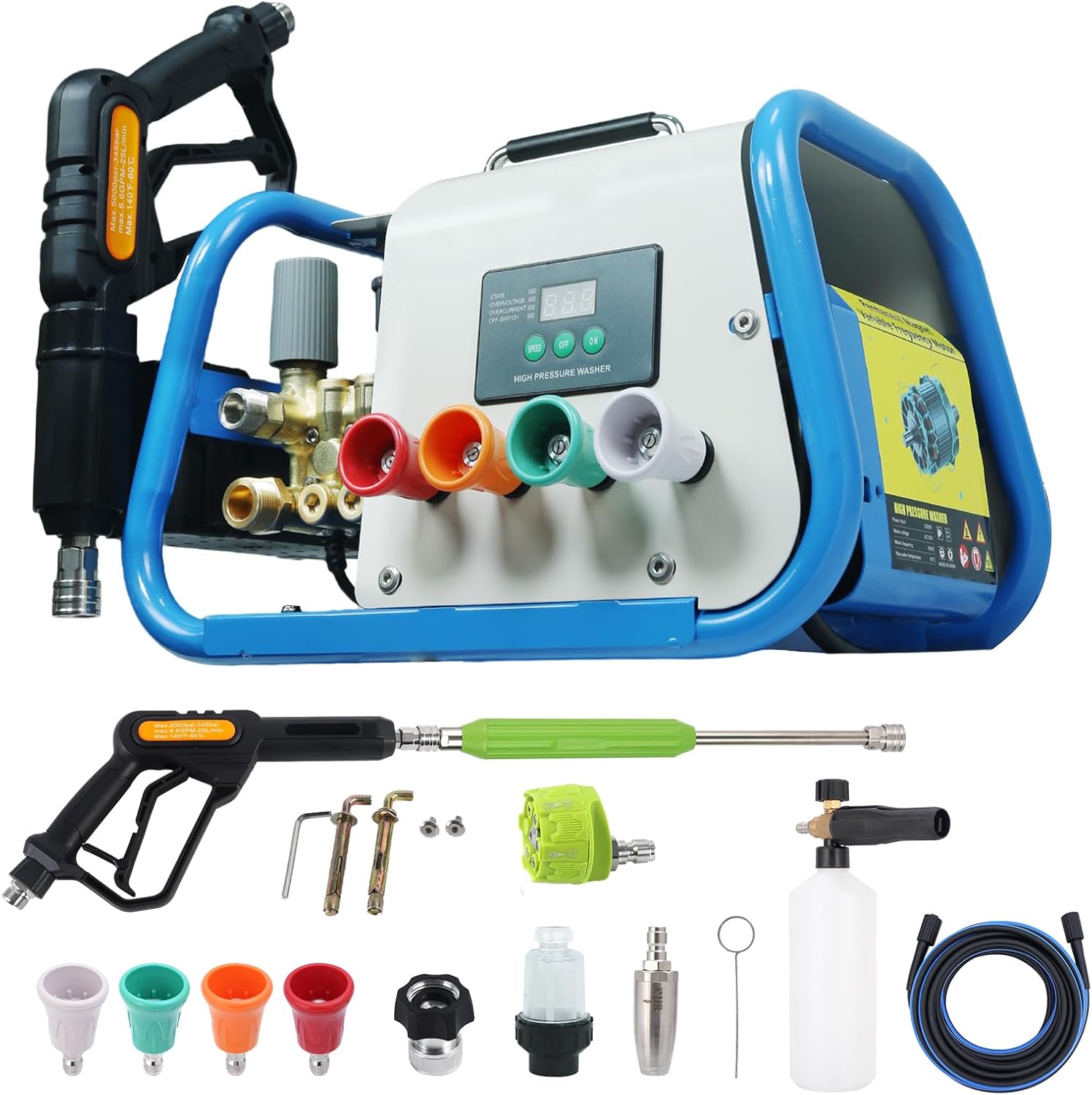 Commercial High Pressure Washer with Digital Display, Blue and White, Complete Cleaning Kit with Multiple Nozzles, Foam Cannon, 47FT Hose and Accessories