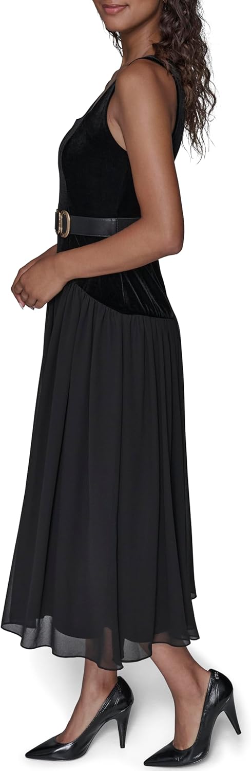 Karl Lagerfeld Womens Sleeveless Stretch Velvet Novelty Belt Midi Dress