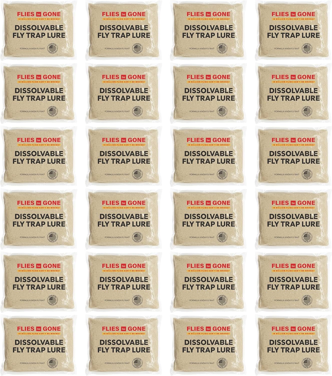 Flies Be Gone Natural Fly Trap Bait Refill, Non-Toxic KM34 Attractant Formula, Dissolvable Pouches, 6 Pack, Made in USA (24)