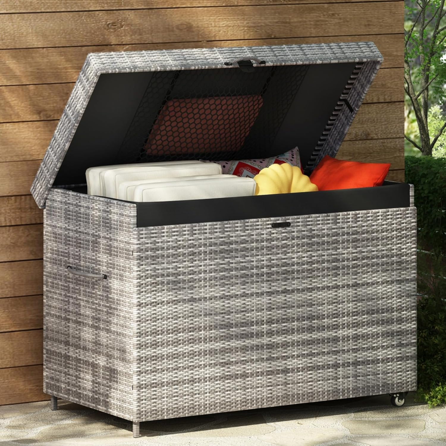 230 Gallon Wicker Deck Box with Wheels, All-Weather Outdoor Storage Box, Rattan Storage Bin for Patio Furniture, Outdoor Cushions, Pool Storage and Garden Tools (Grey)