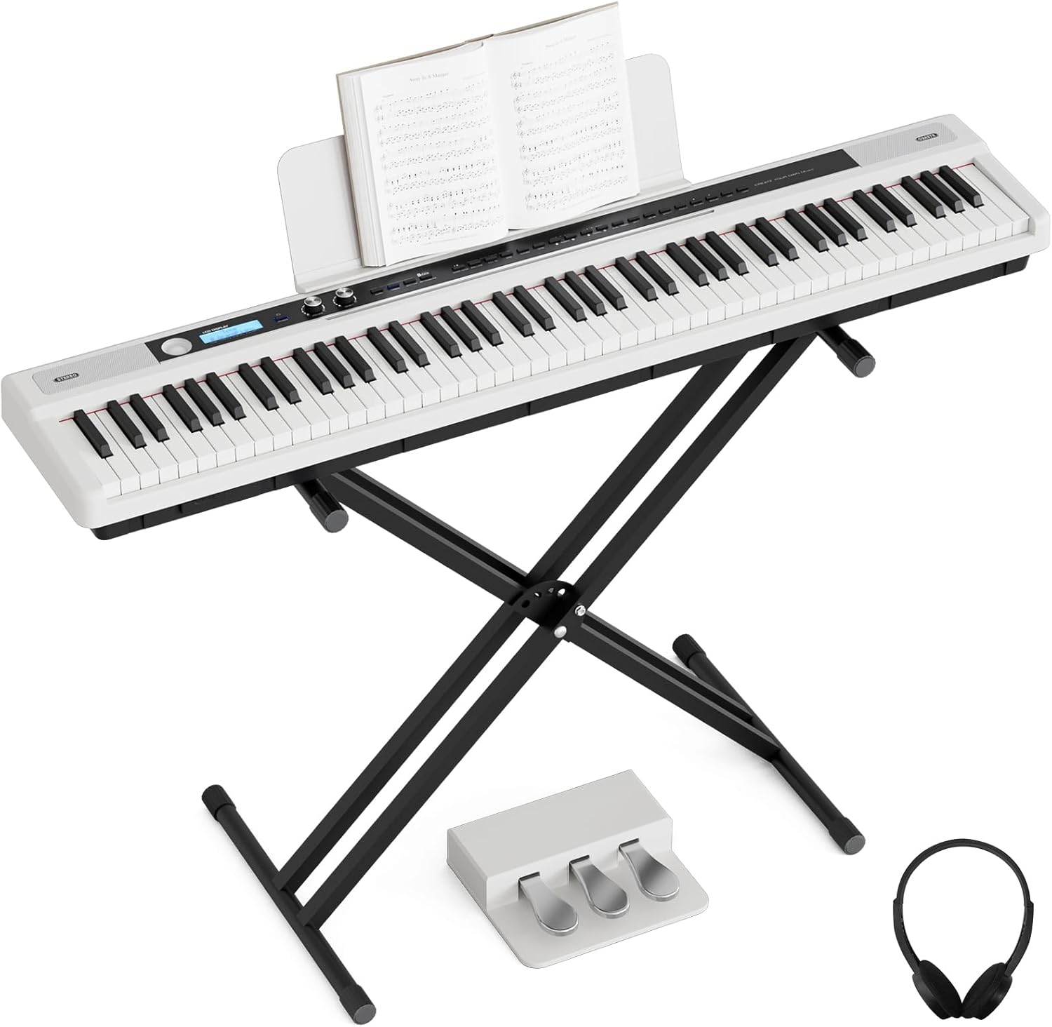 UMOMO UM-724 88 Key Digital Piano Keyboard with Piano X Stand, Full Size Electric Piano with Headphone, 3 Pedal, Electronic Piano for Beginner, Adults, White