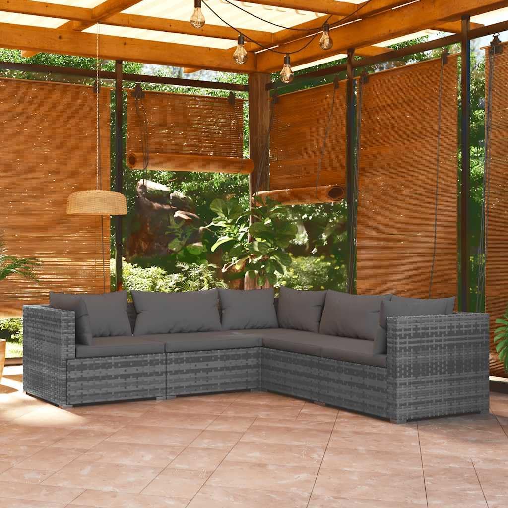 5 Piece Patio Lounge Set with Cushions Poly Rattan Gray Garden Furniture