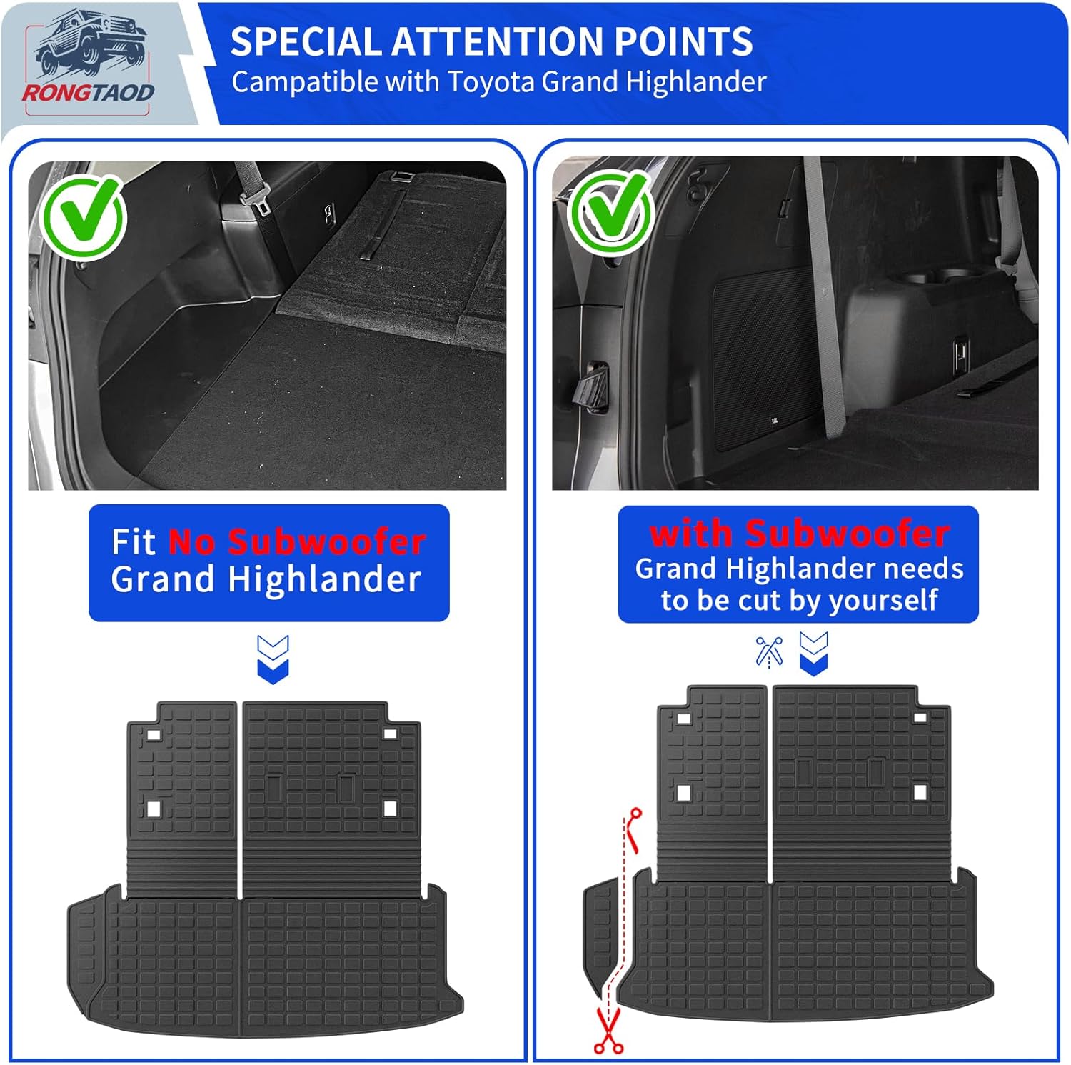 Rongtaod Floor Mats Compatible with 2024 2025 2026 Toyota Grand Highlander Cargo Mat Cargo Liner Trunk Mat Back Seat Protector Grand Highlander Accessories (Trunk Mat with Backrest Mat+Floor Mats)