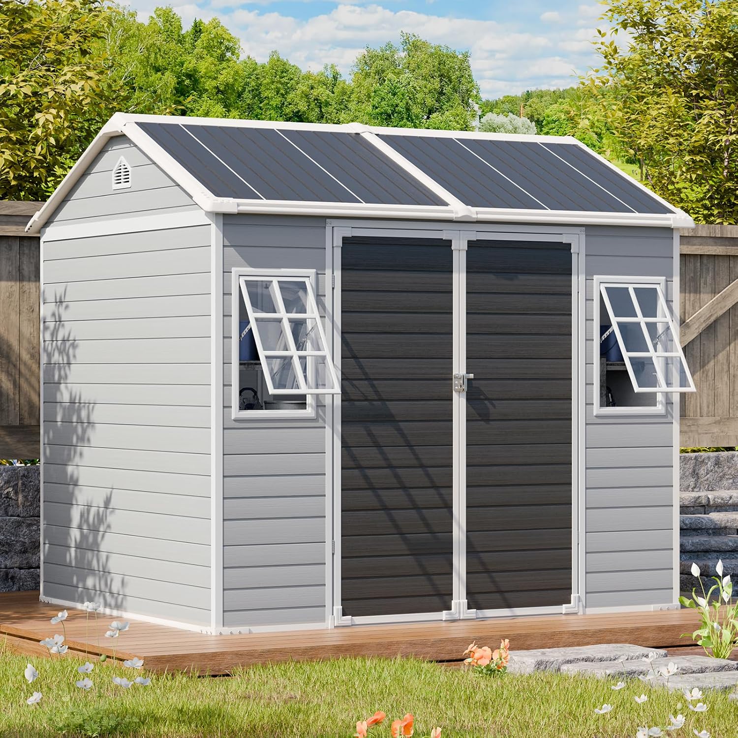 8x6 FT Resin Storage Sheds with Floor and Openable 2 Windows, Reinforced Frame Waterproof Outdoor Plastic Garden Shed Kit with Base for Backyard Patio Lawn Tools Storage, Gray,Large