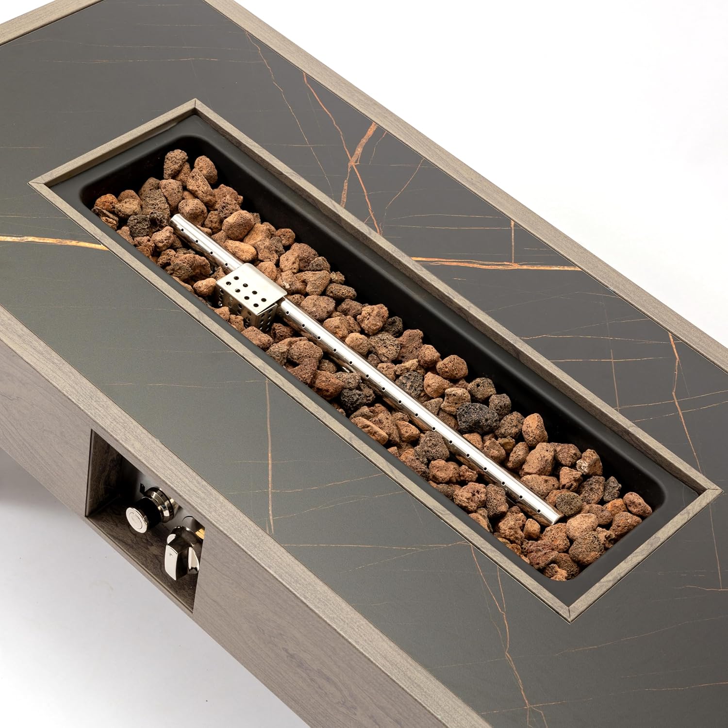 42 Inches Grey Wood Fire Pit Table – Indoor/Outdoor Fire Pit for Living Room, Patio, Backyard – Stylish & Functional Fireplace Table (1 Doors)