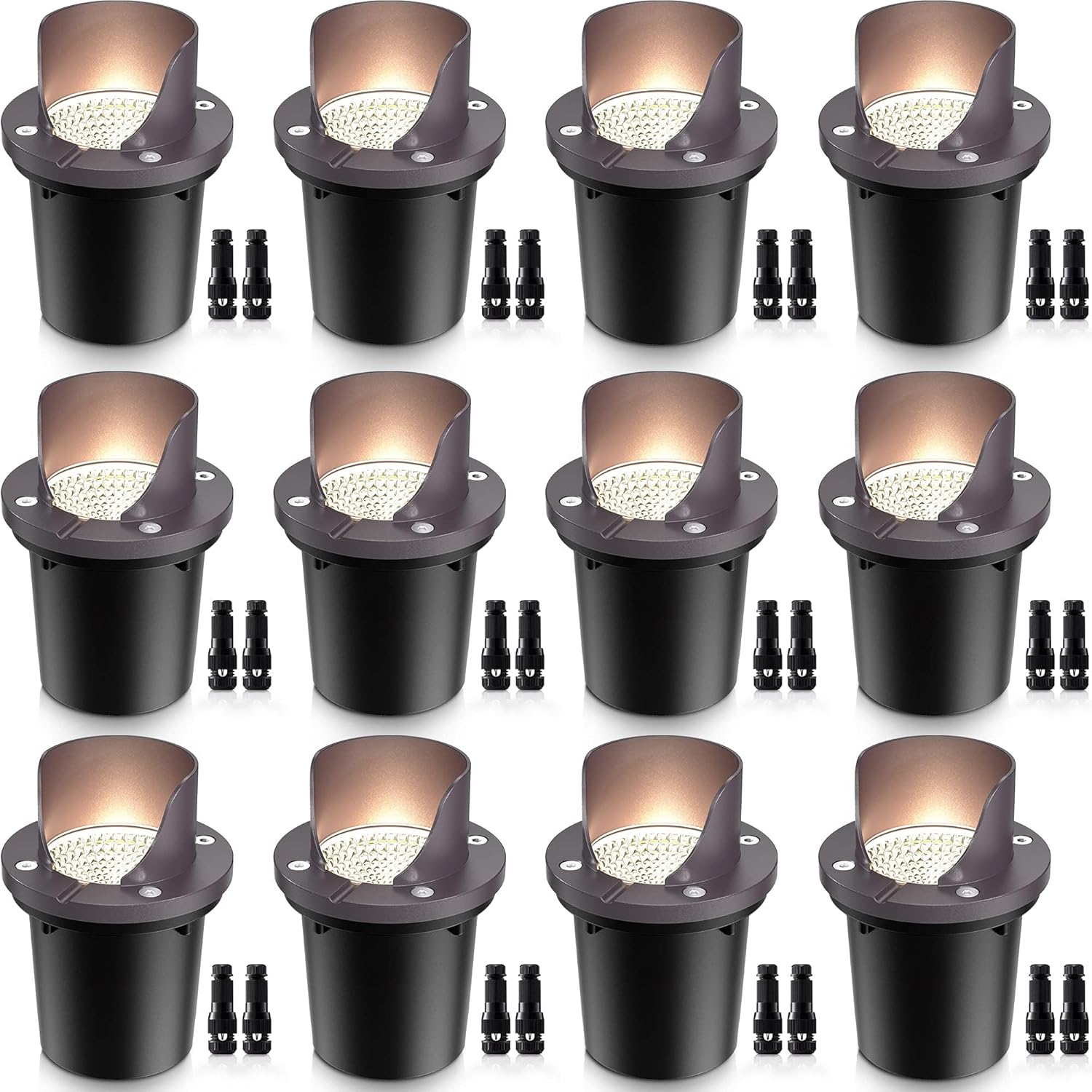 SUNVIE 12 Pack Low Voltage Landscape Lighting 12W LED Outdoor In-Ground Waterproof Shielded Well Lights Warm White Paver Lights with Wire Connectors for Pathway Garden Yard Fence Deck
