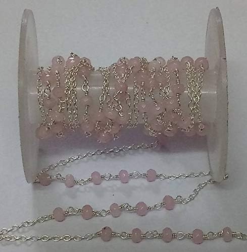 JEWELZ 5 feet rose quartz chalcedony beaded chain - 925 silver plated wire wrapped chain - beads size 3-4mm - rose quartz chalcedony frill