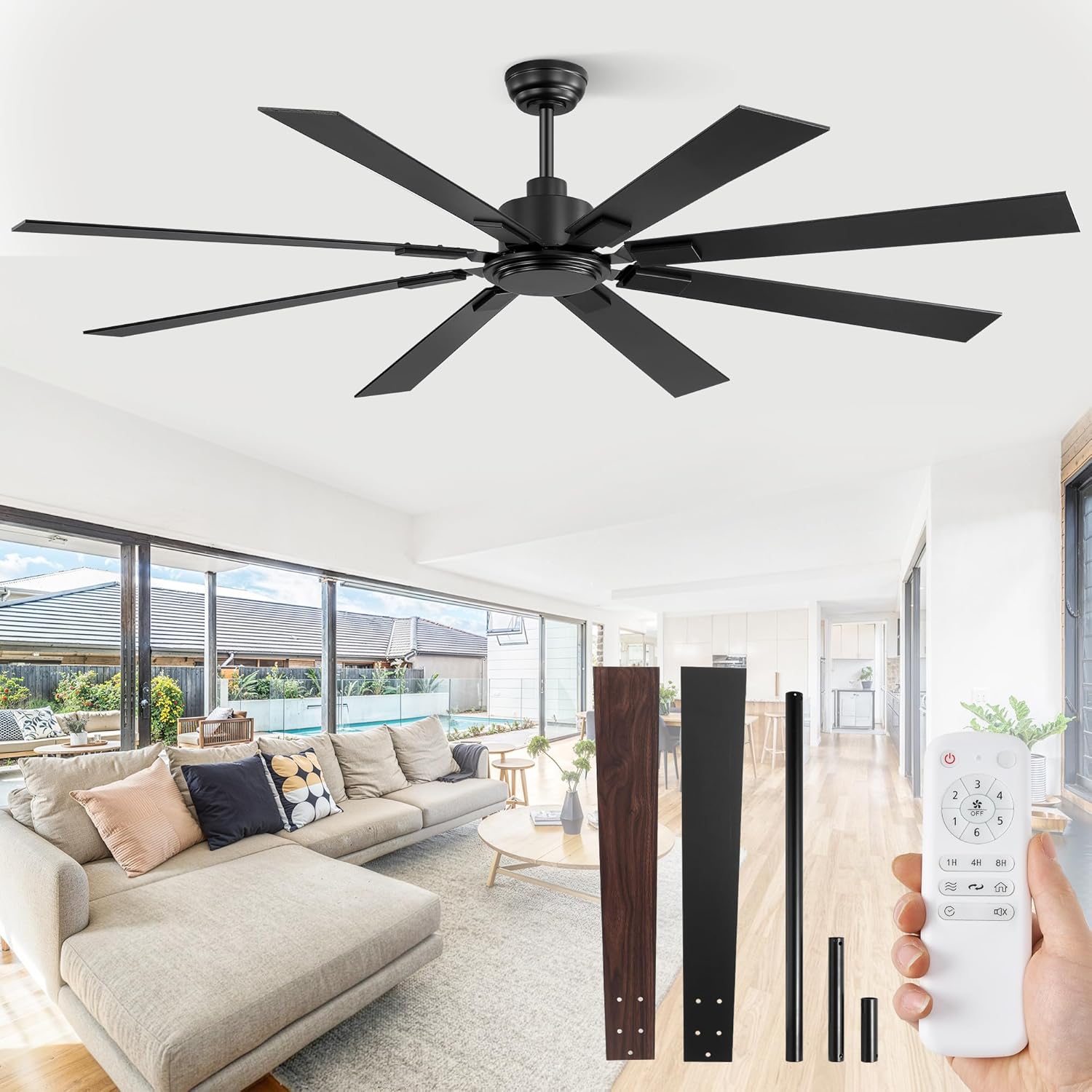 ZMISHIBO 72 Inch Ceiling Fan No Light with Remote Control, 8 Blades Quiet DC Reversible Motor, 6-Speed, Timer, Black Finish, Indoor Outdoor Ceiling Fans for Patios, Living Room, Garage