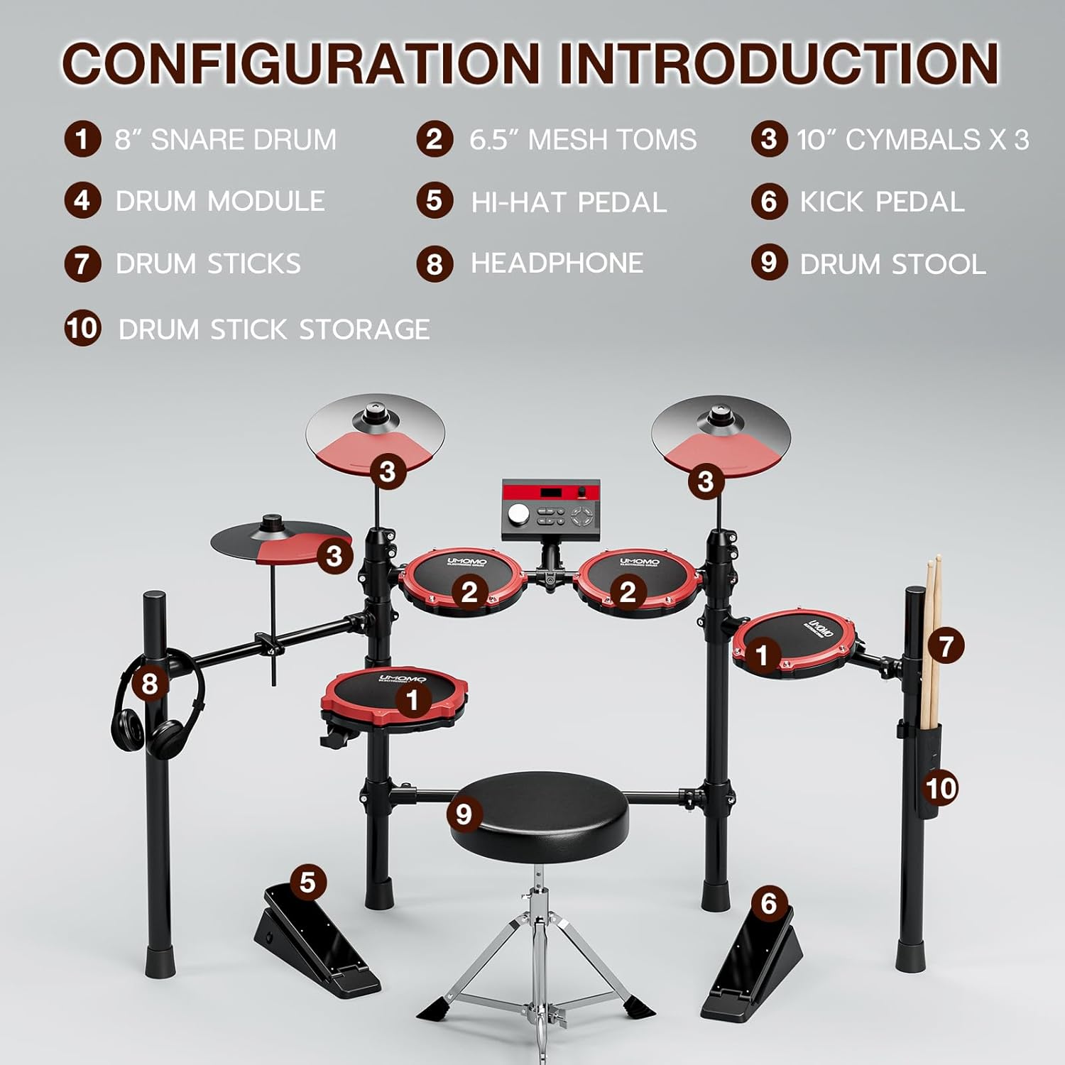 UMOMO UMD-771 Electric Drum Set, Electronic Drum Set With Mesh Electric Drum Pads, 225 Sounds, Drum Sticks, Headphones & Audio Cables, Stable Steel Frame, 15 Drum Kits, for Beginner, Red & Black