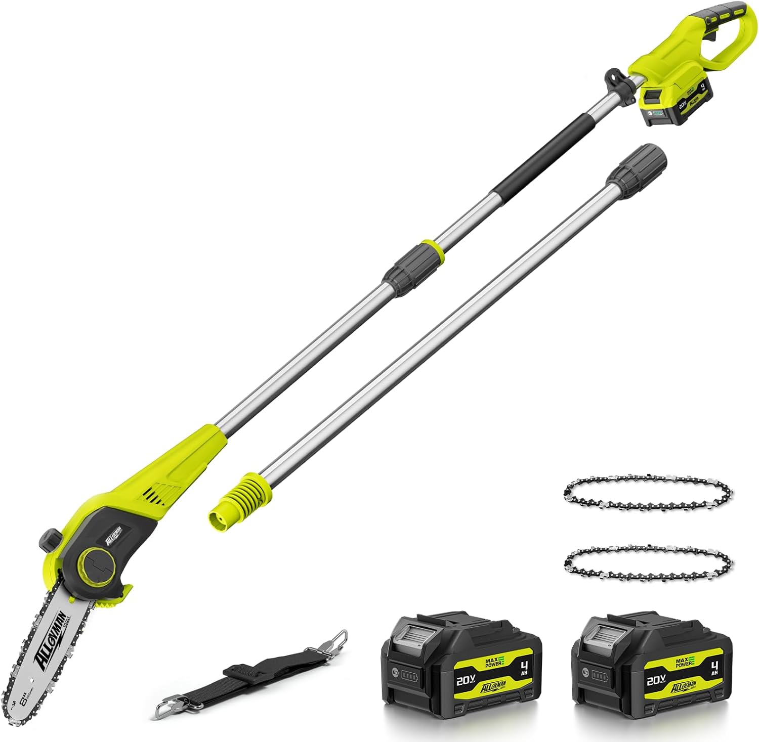 Alloyman 20V Cordless Pole Saw 8-inch, 15 Ft MAX Reach Electric Pole Saw for Tree Trimming, Tree Trimmer for Pruning Branches，with 2 * 4.0Ah Batteries & Charger, 2*Chains