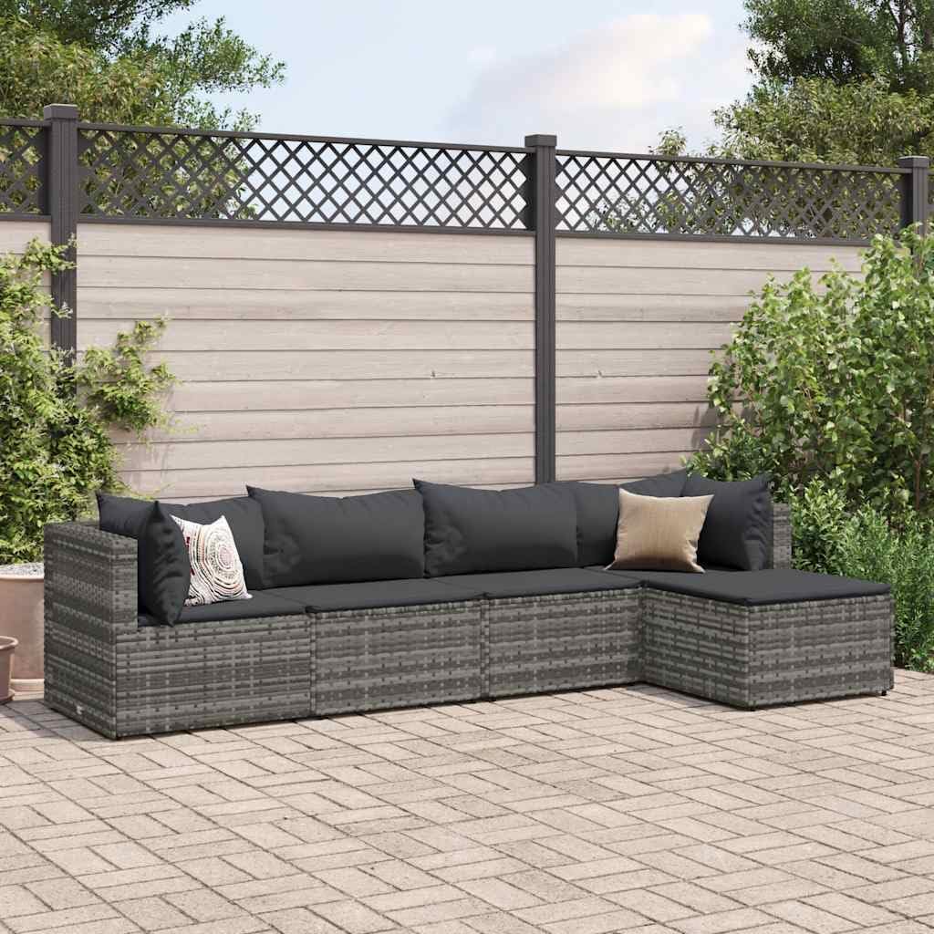 Patio Set 5 Piece Patio Lounge Set with Cushions Gray Poly Rattan
