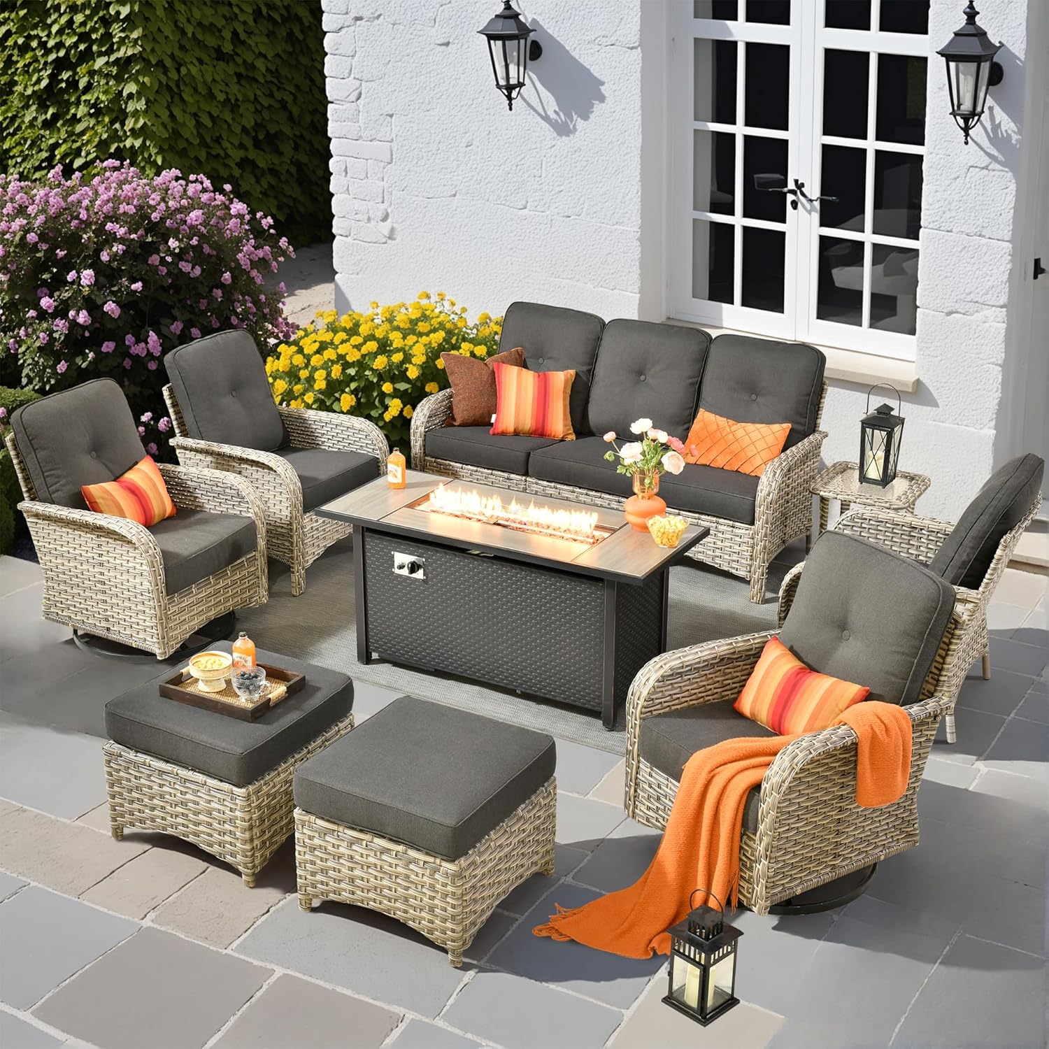 9 PCS Outdoor Patio Furniture Set with Fire Pit Table and Swivel Rocking Chairs,All Weather Wicker Rattan Patio Seating Sofa and Chair Set with Ottomans,Outdoor Conversation for Porch Deck Yard,Black