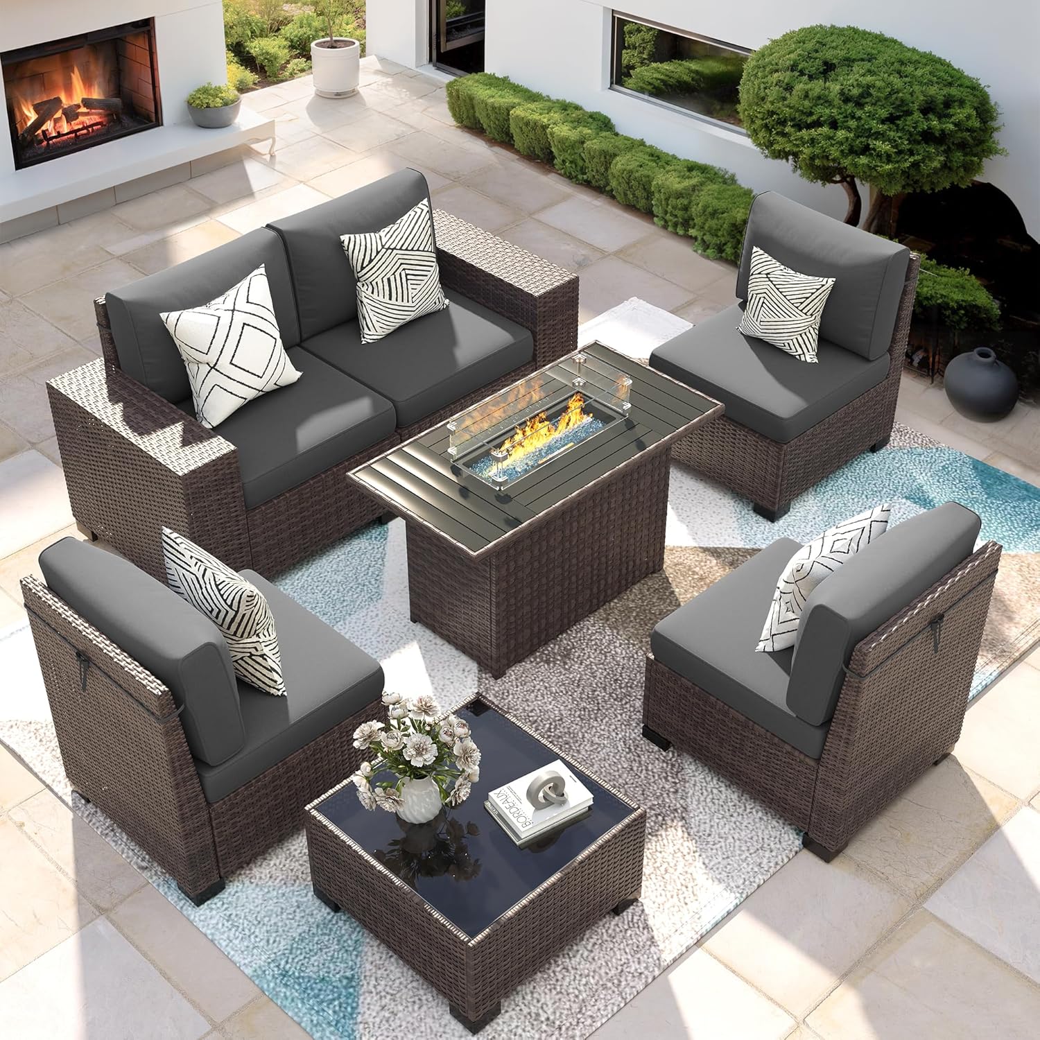 Patio Furniture Set with Fire Pit Table, 7 Piece Outdoor Sectional Conversation Sets Wicker Rattan Sectional Sofa with Coffee Table for Patio Garden Backyard, 4'' Thickened Cushion Dark Grey